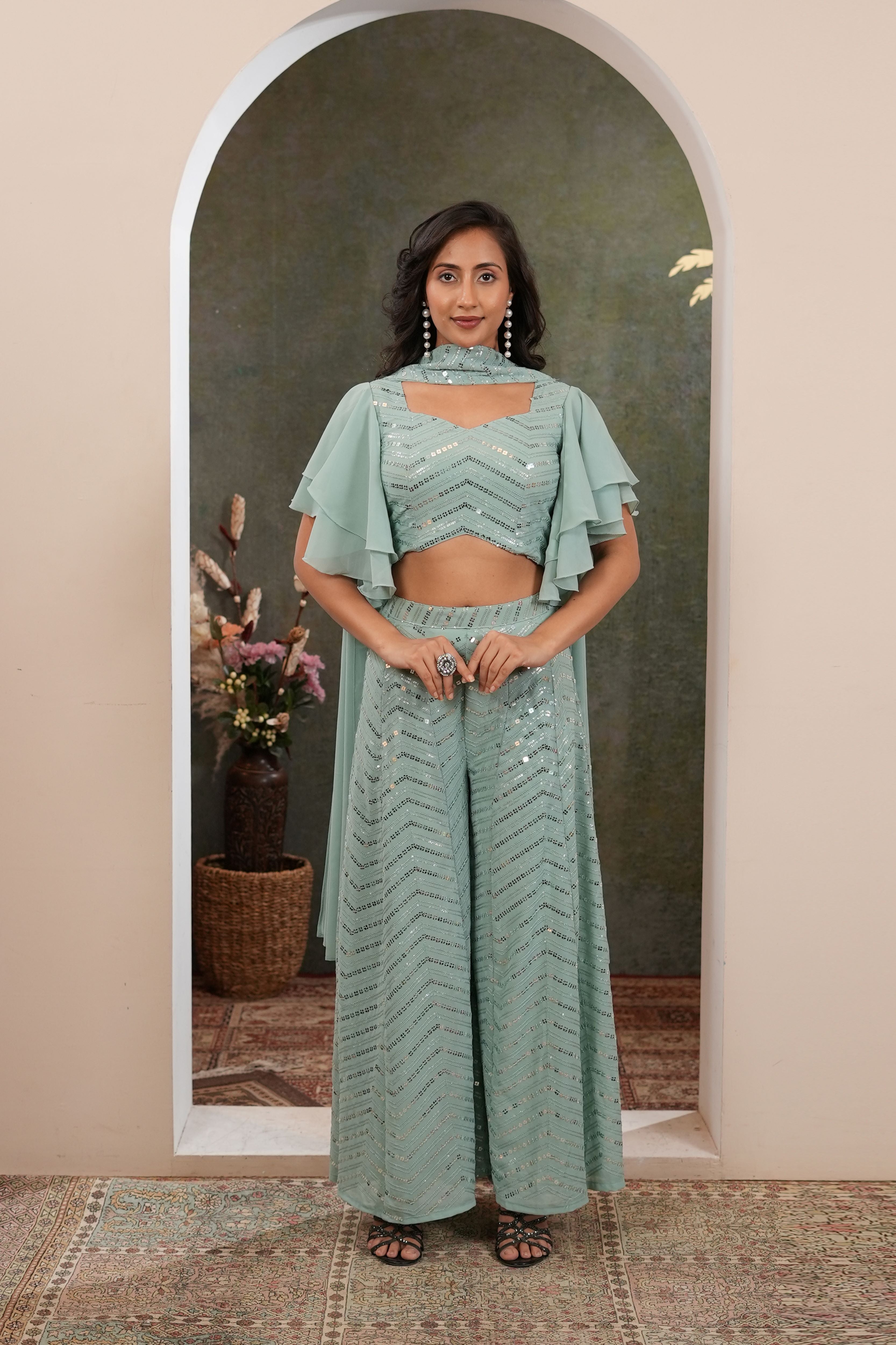 sage green indowestern palazzo set