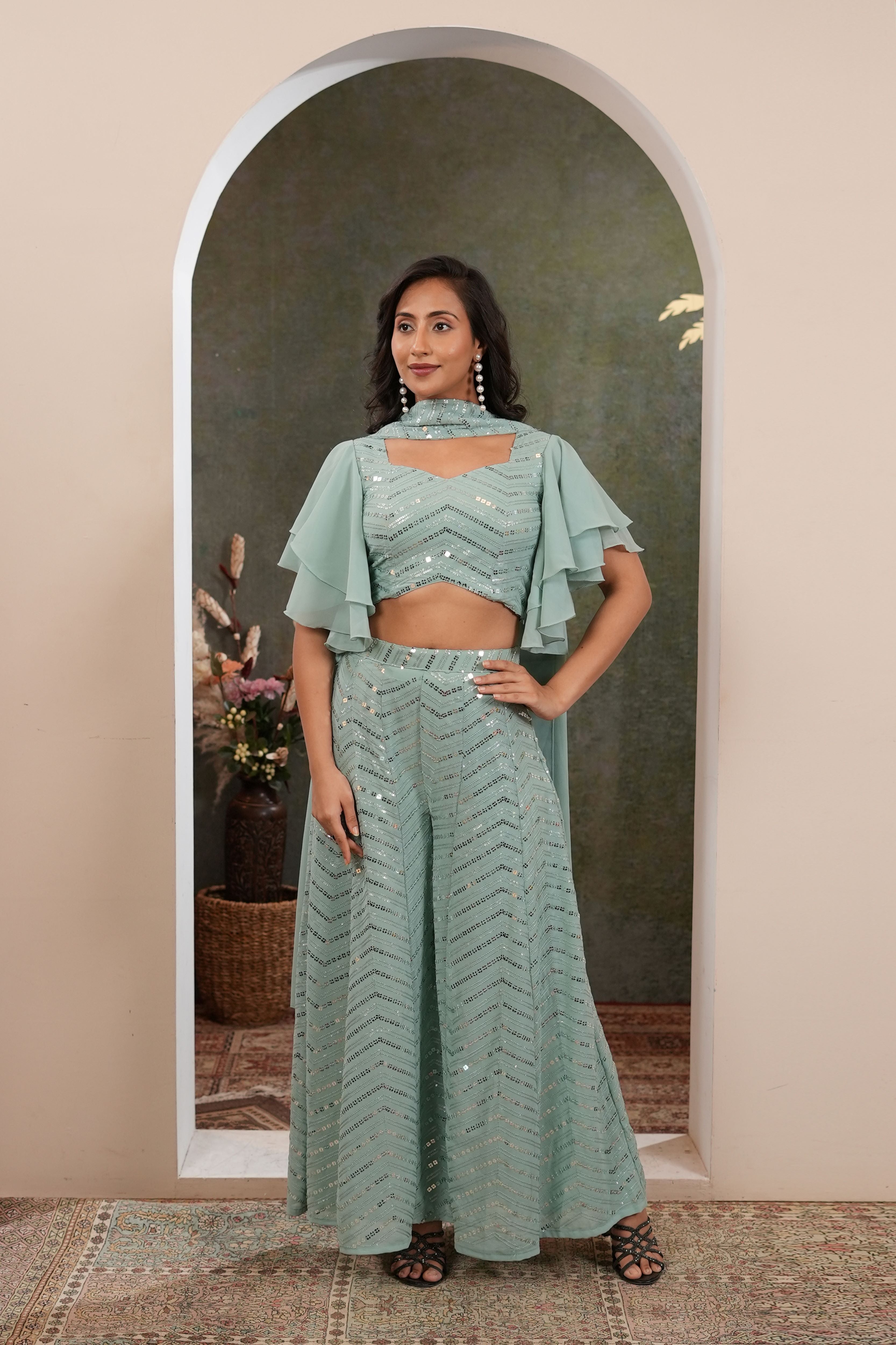 sage green indowestern palazzo set