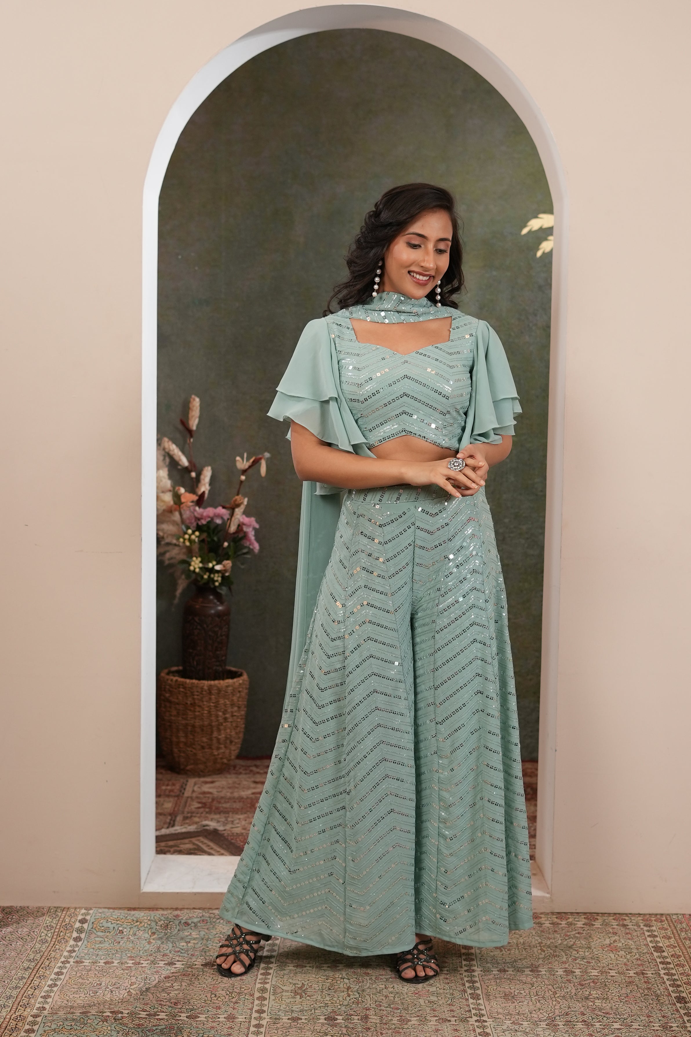 sage green indowestern palazzo set