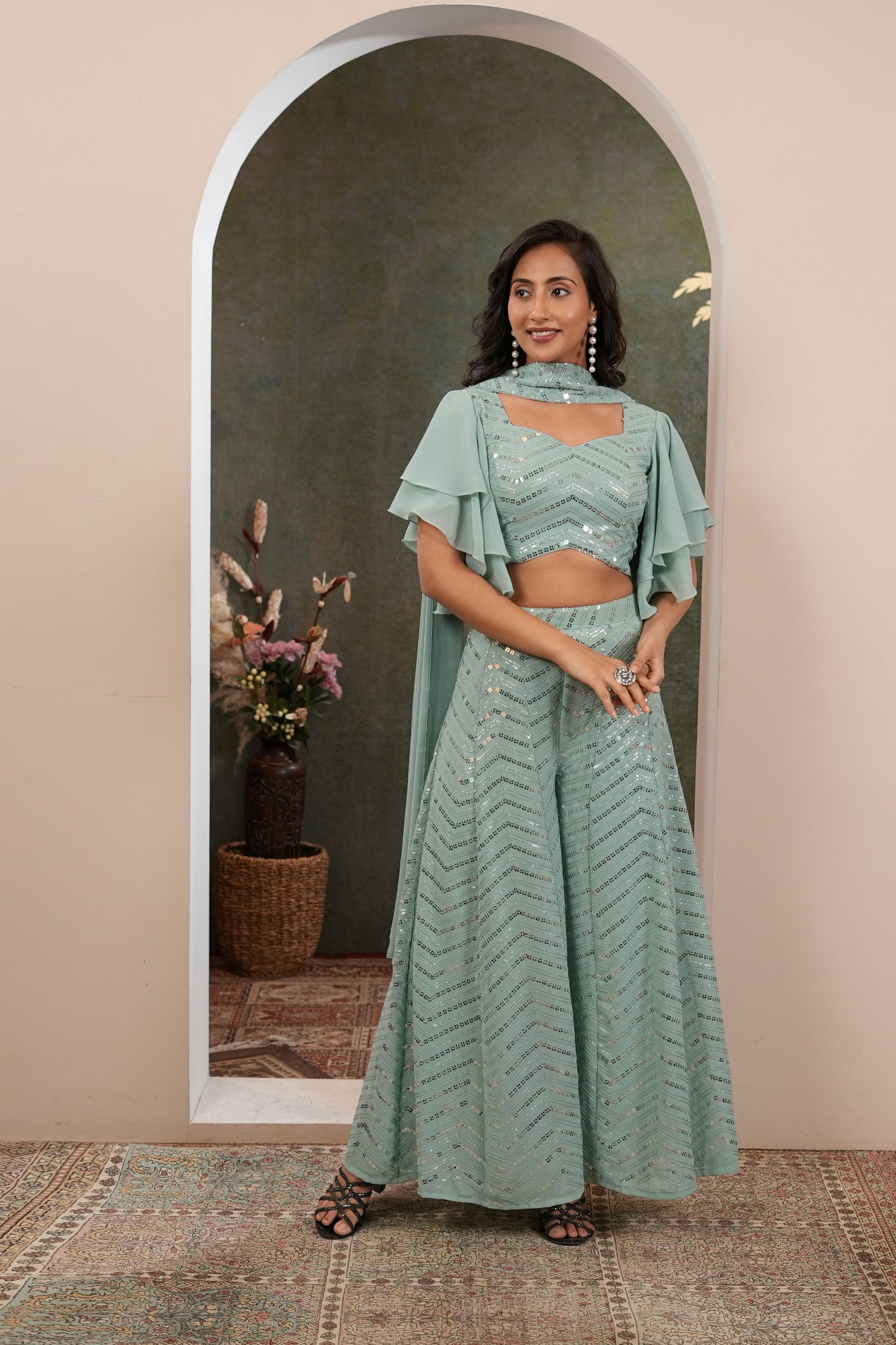 sage green indowestern palazzo set