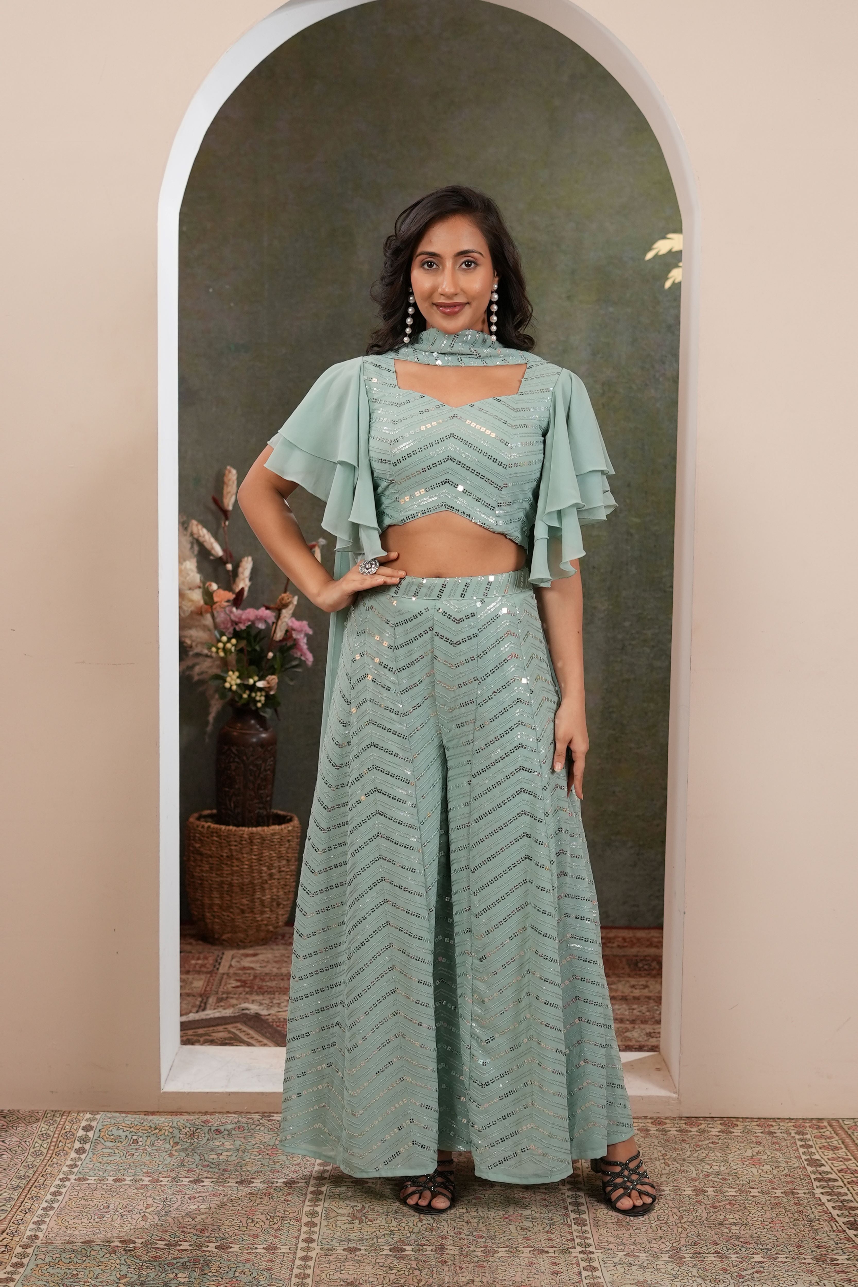 sage green indowestern palazzo set