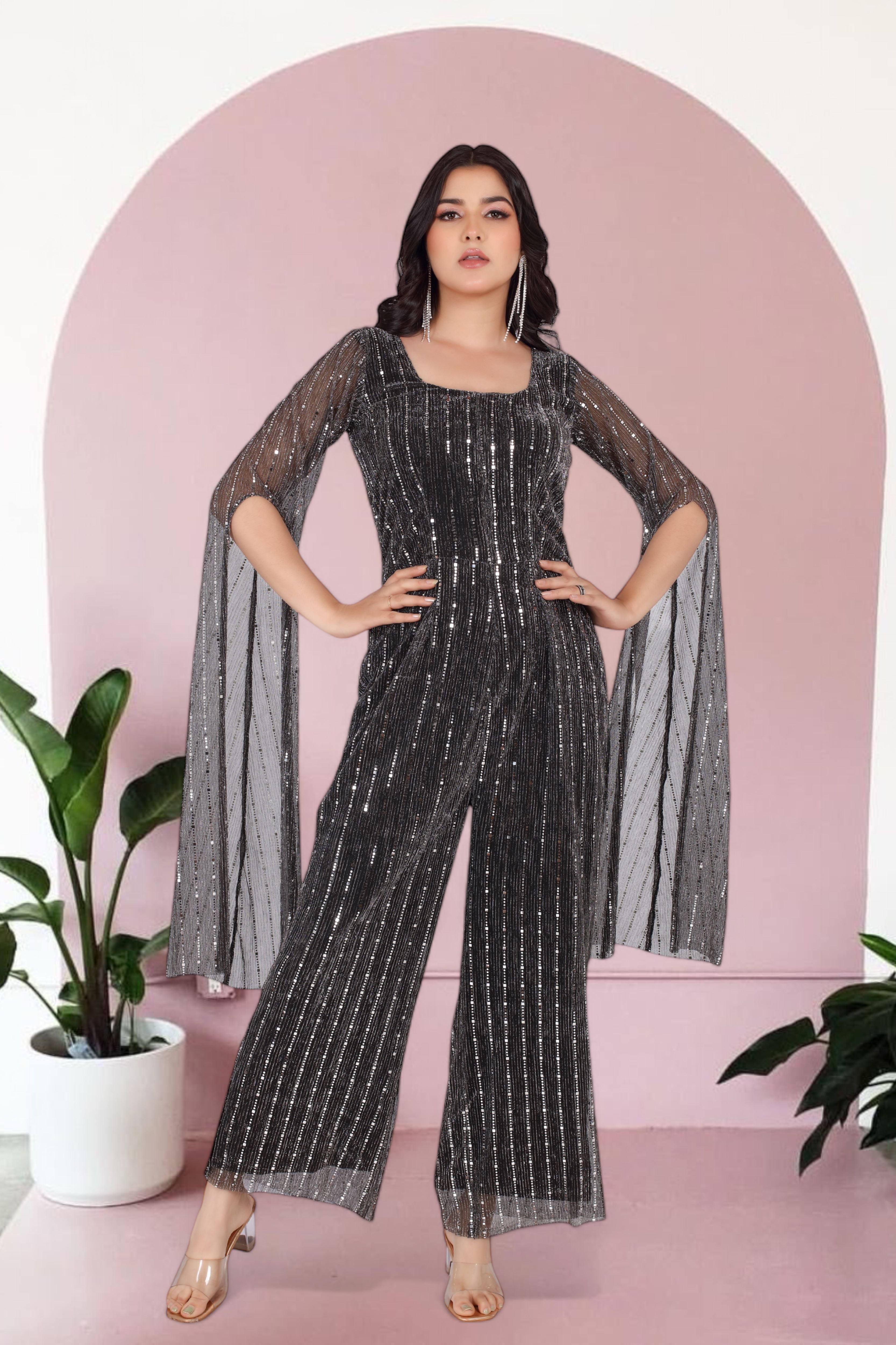 Black Glam Jumpsuit With Long Sleeves