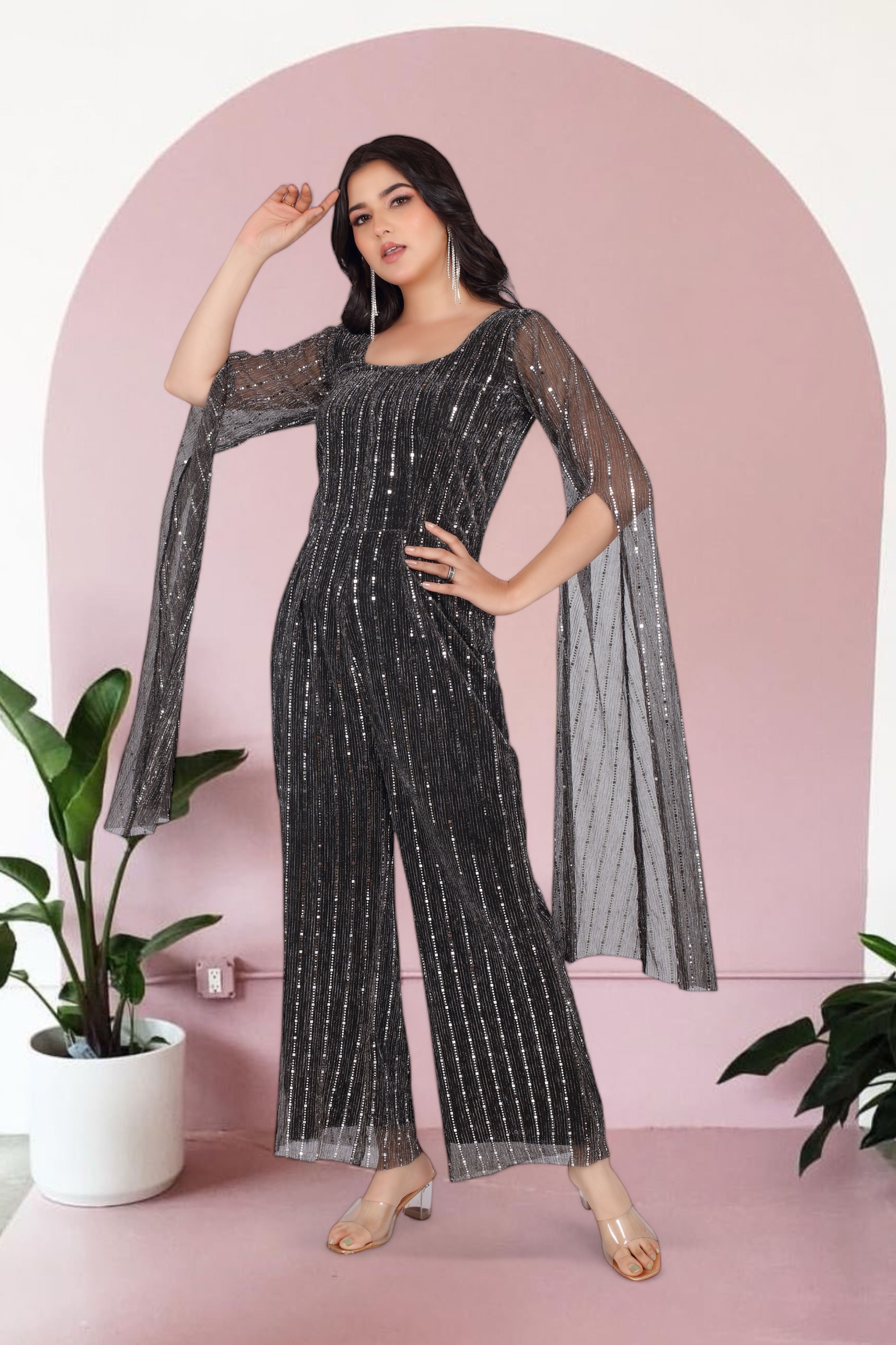 Black Glam Jumpsuit With Long Sleeves