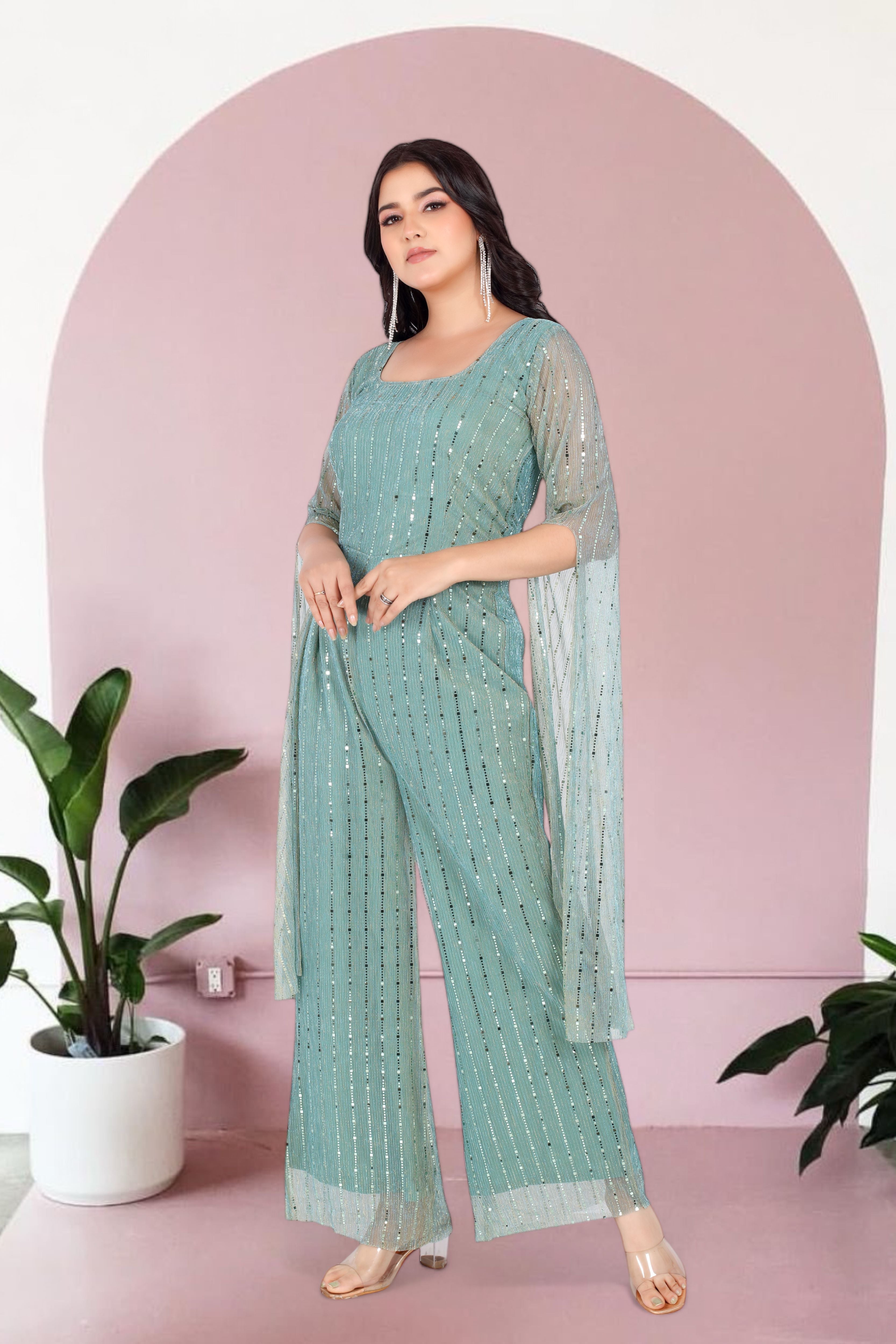 Green Glam Jumpsuit With Long Sleeves