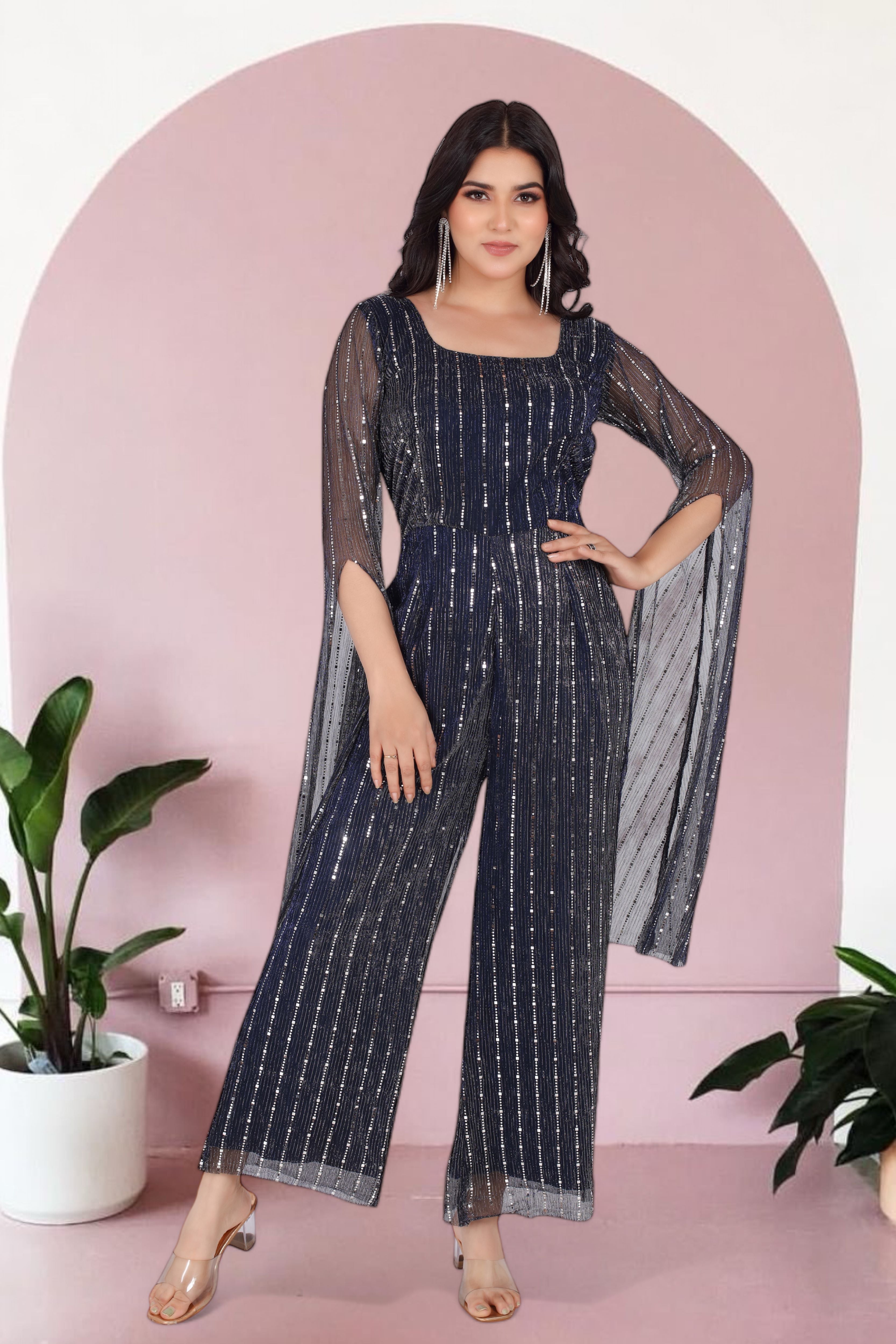 Navy Blue Glam Jumpsuit With Long Sleeves