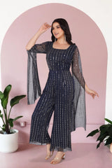 Navy Blue Glam Jumpsuit With Long Sleeves