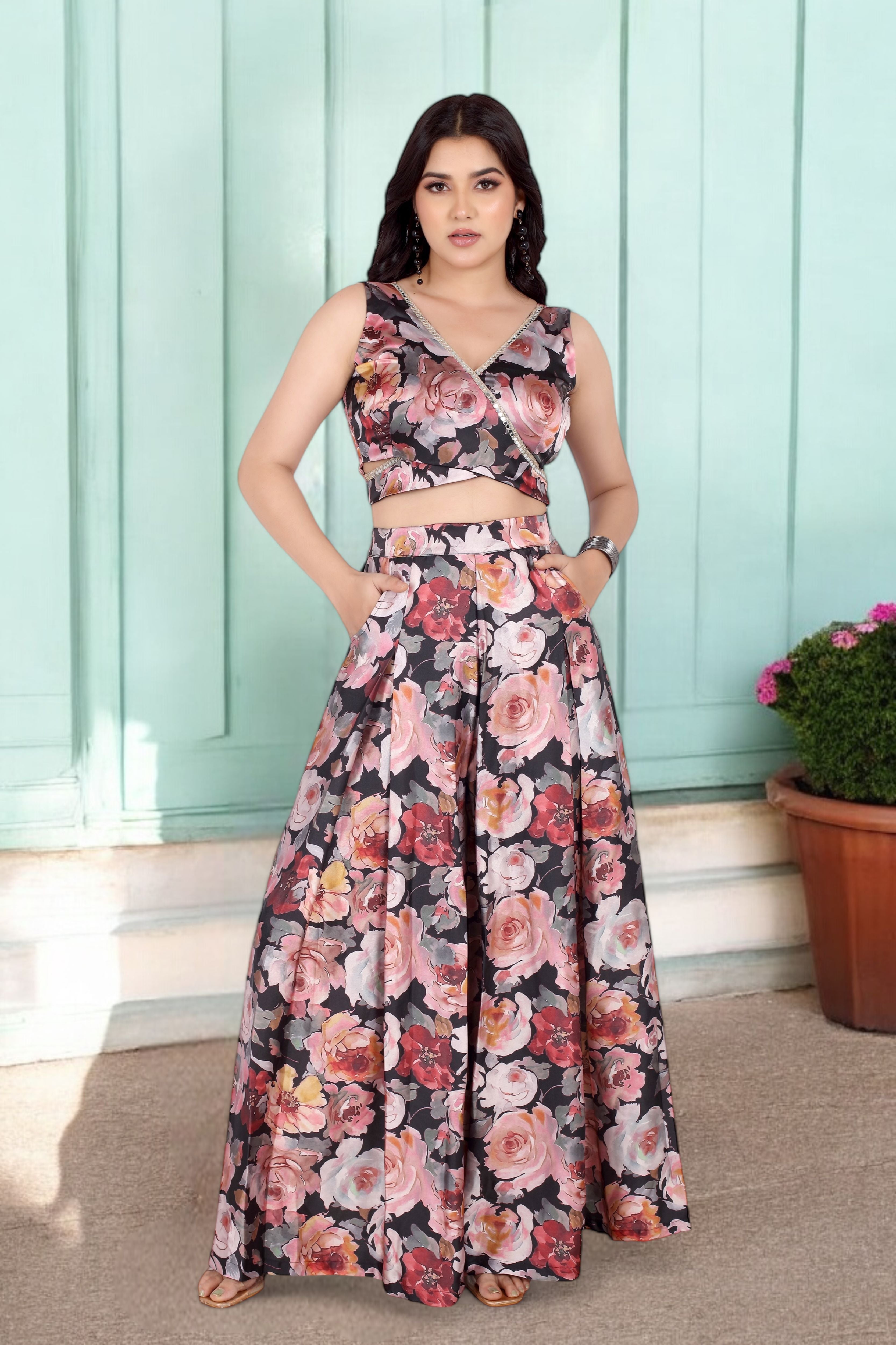 Floral Print Palazzo Co-ord Set With Mirror Work