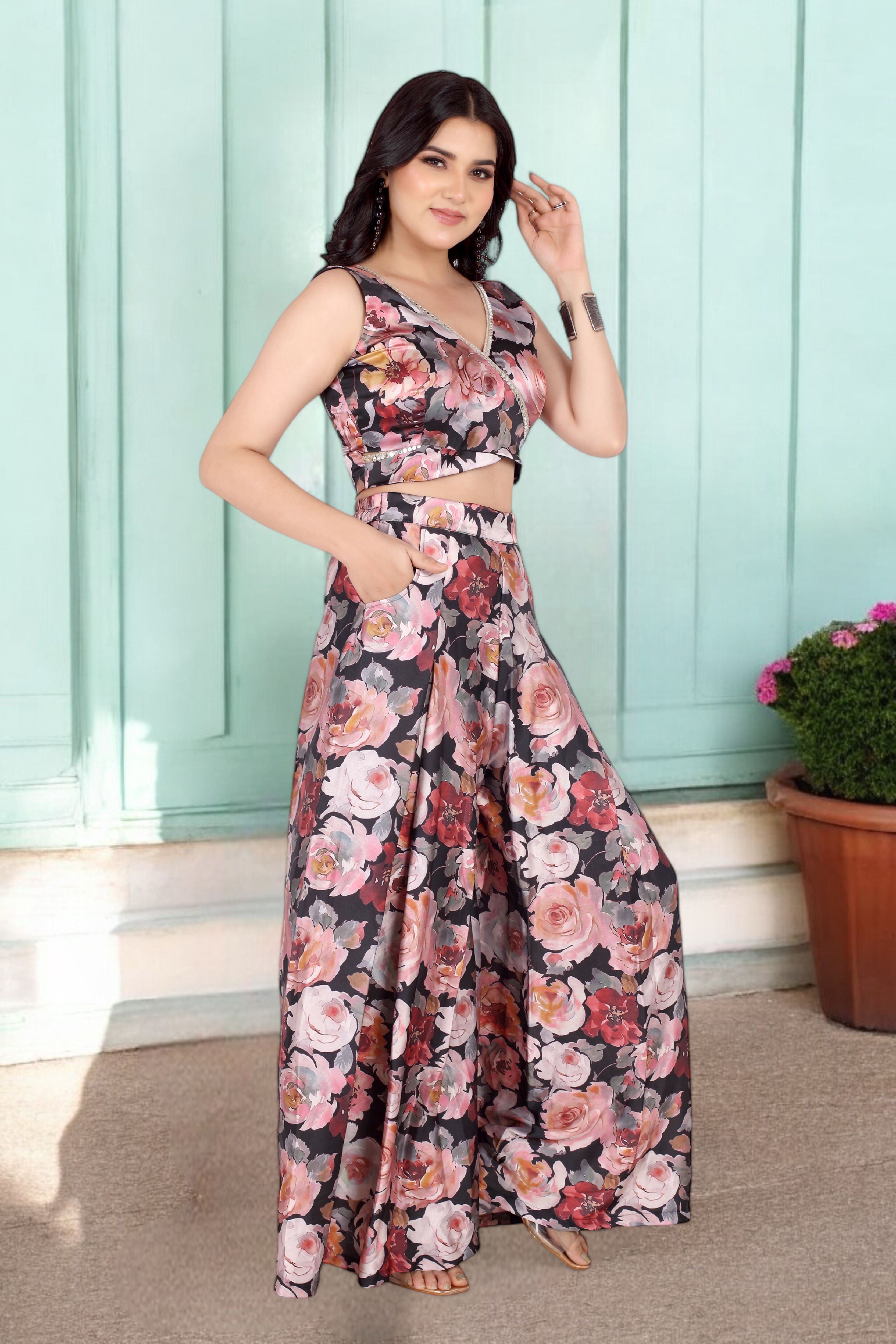 Floral Print Palazzo Co-ord Set With Mirror Work