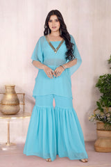 Blue Sharara Blouse Set With Mirror Work Coverup