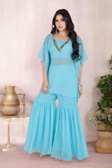 Blue Sharara Blouse Set With Mirror Work Coverup