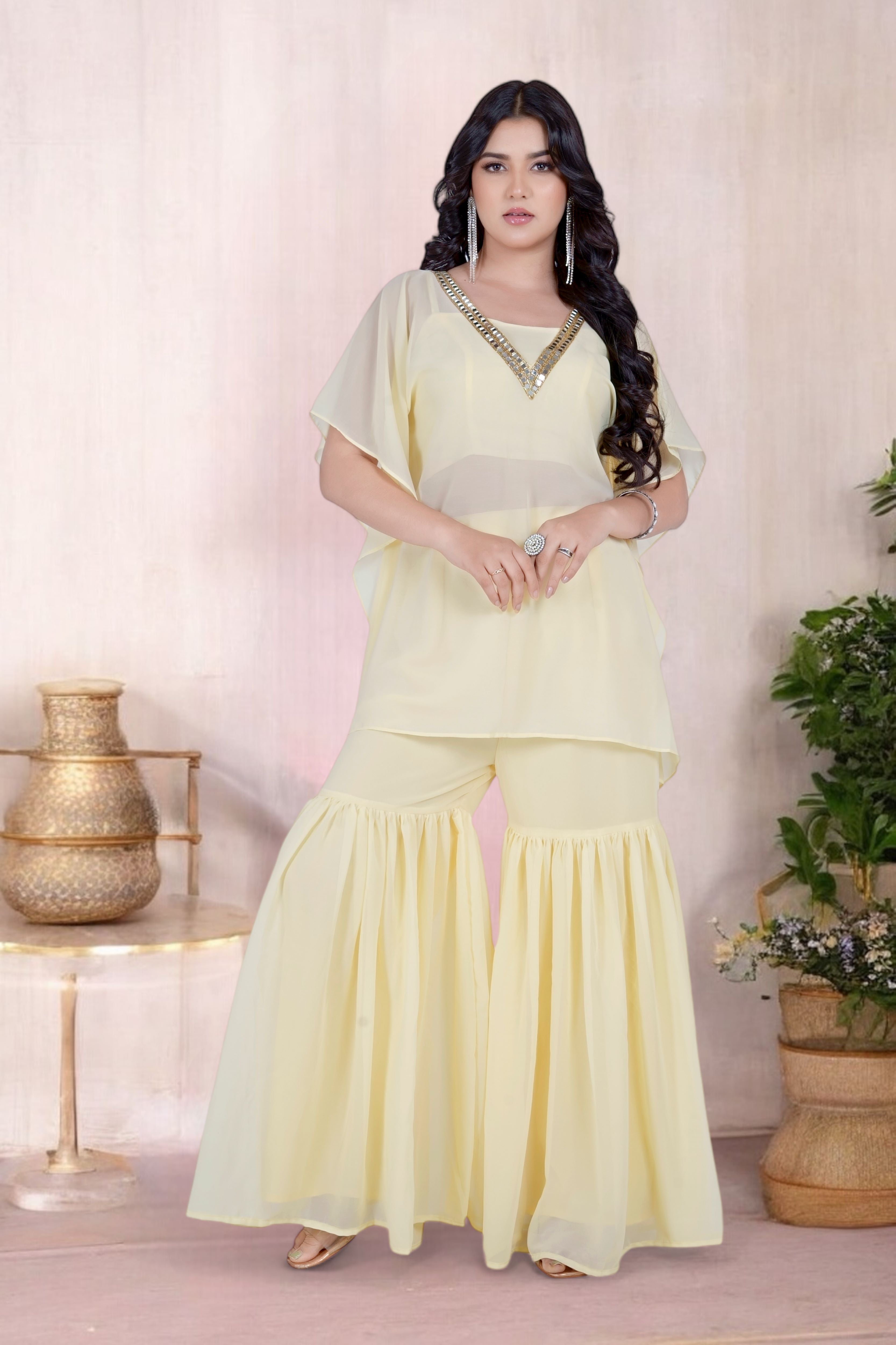 Yellow Sharara Blouse Set With Mirror Work Coverup