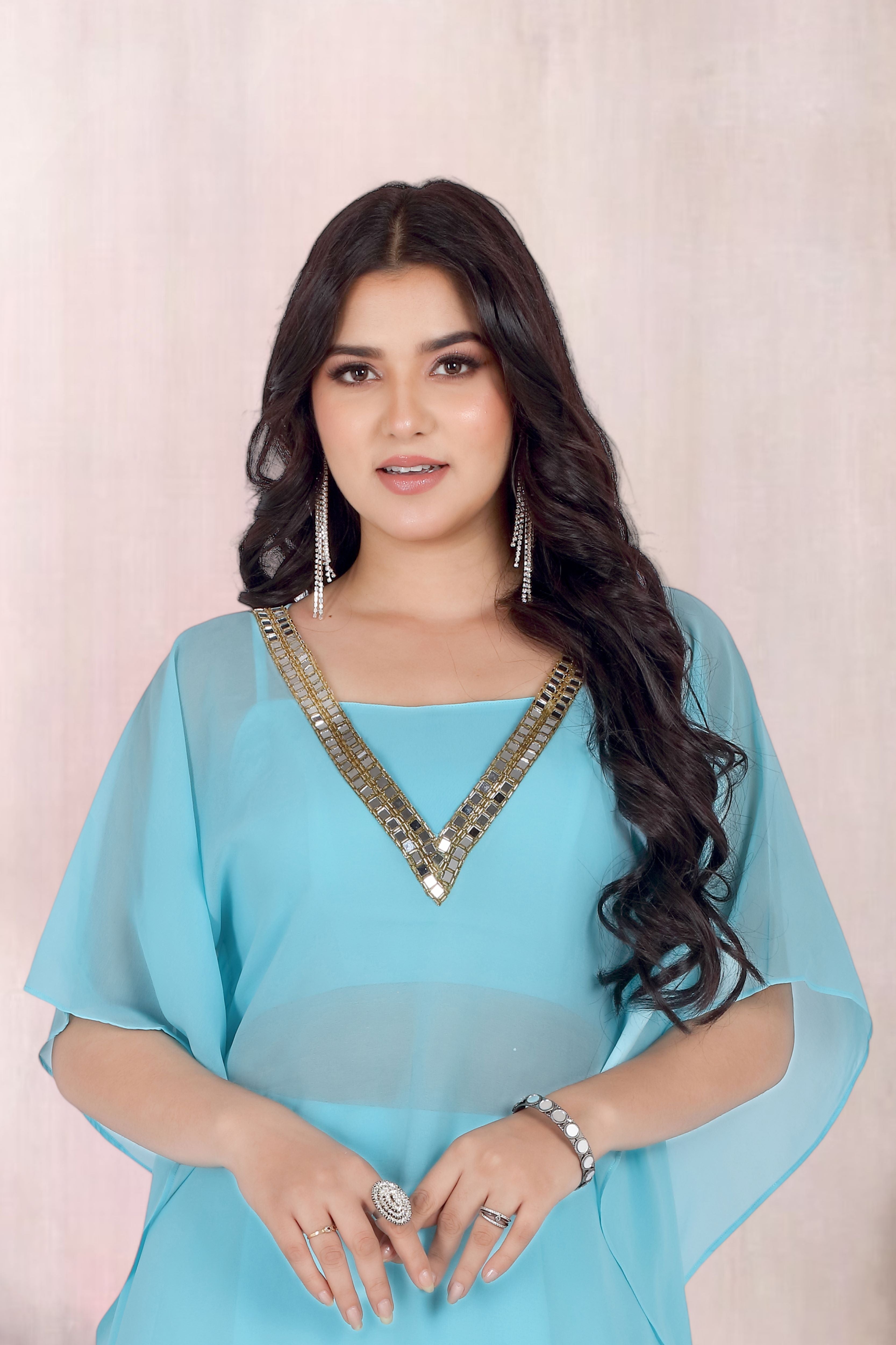 Blue Sharara Blouse Set With Mirror Work Coverup