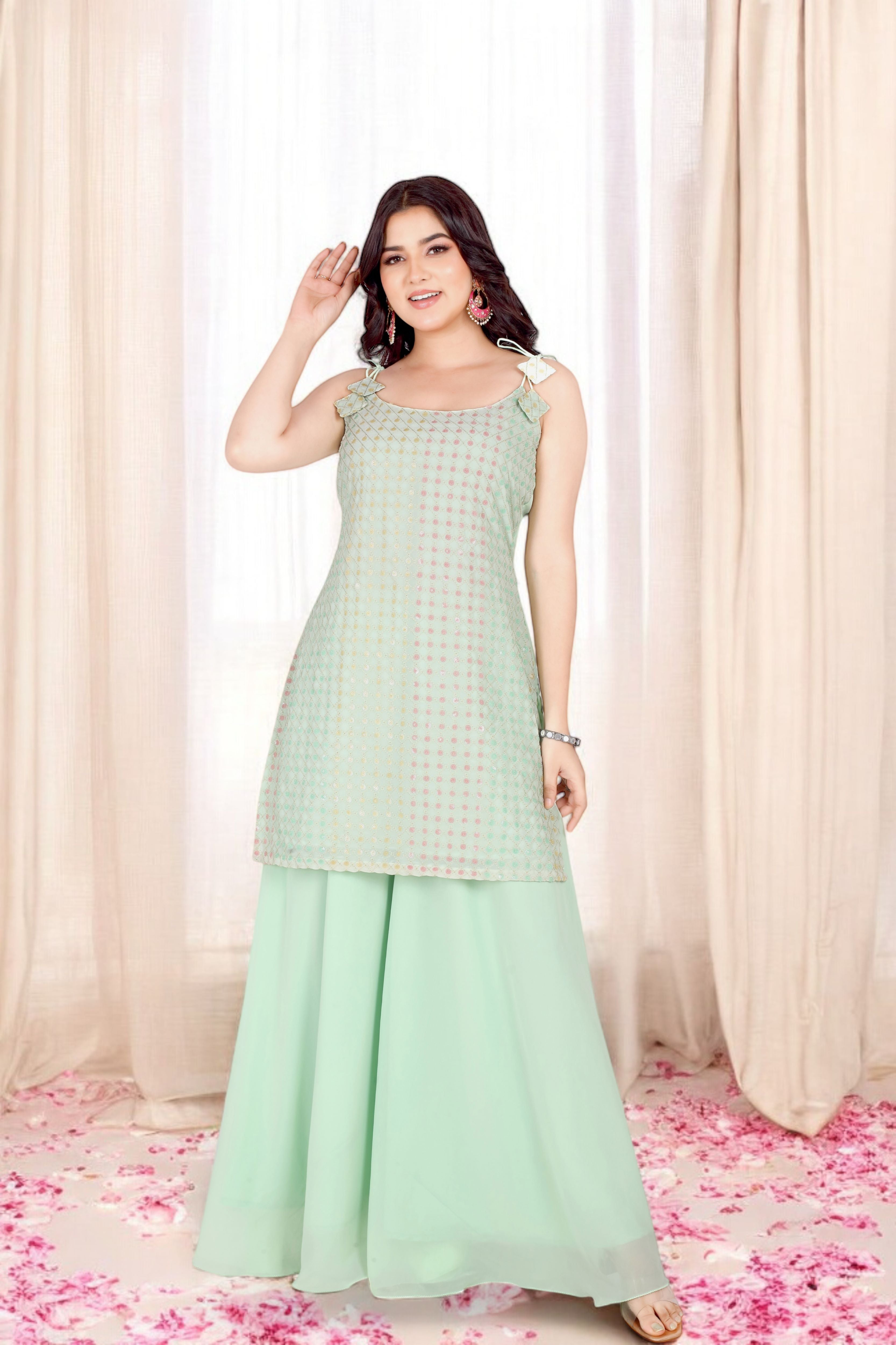 Green Kurta Set With Pastel Sequins