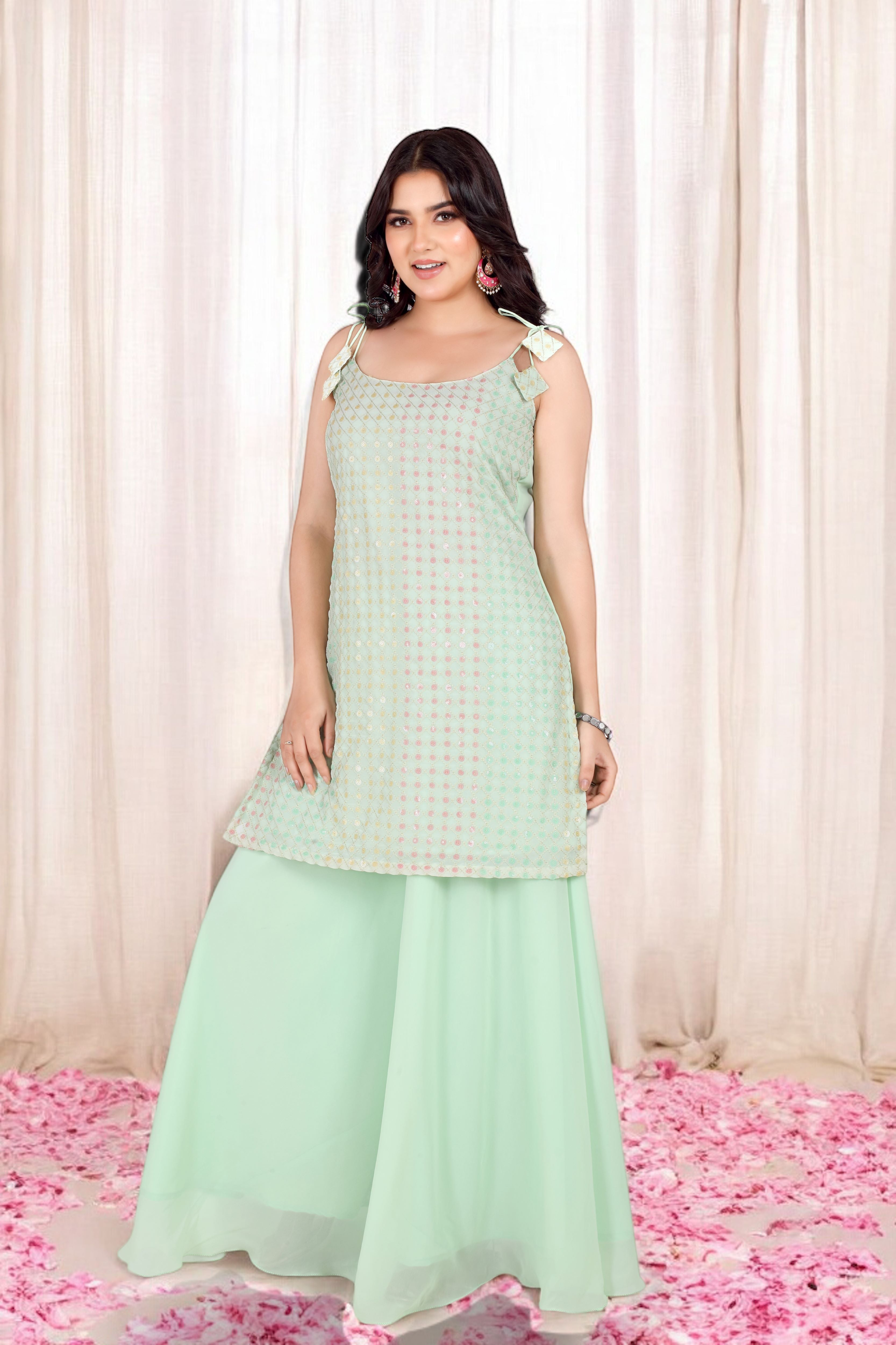 Green Kurta Set With Pastel Sequins