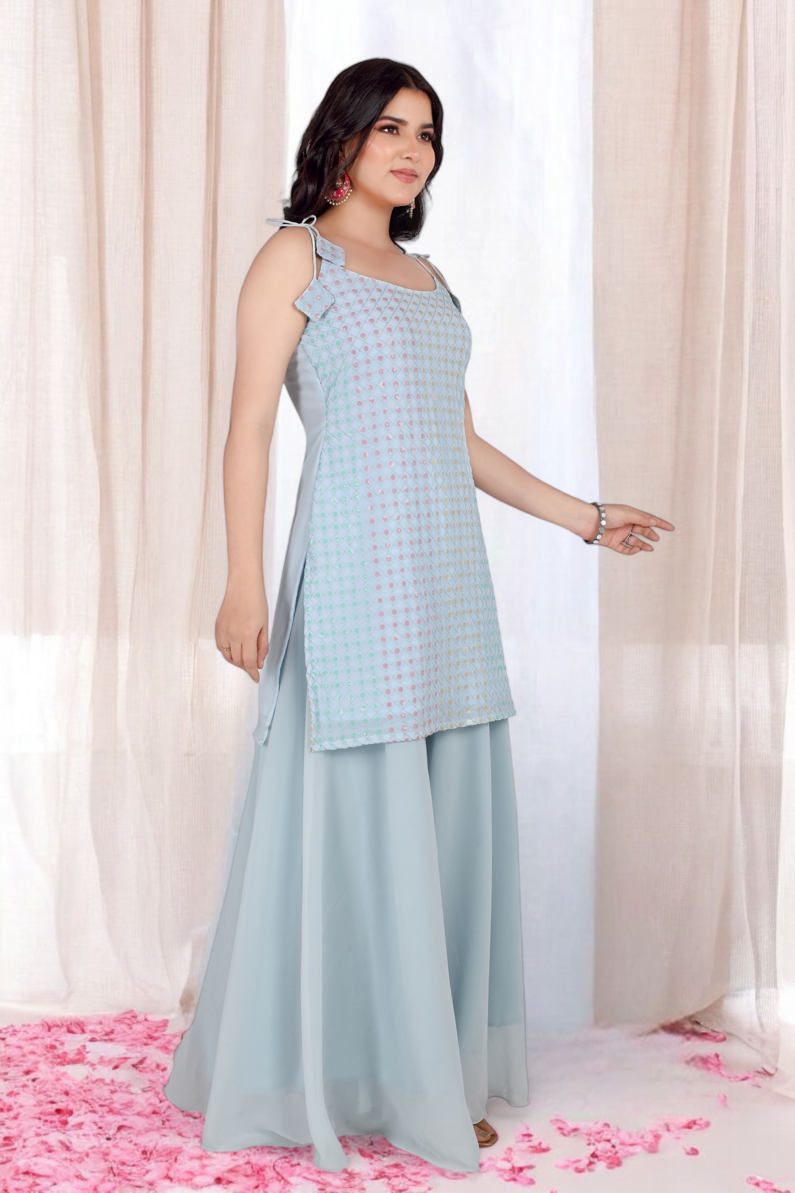 Blue Kurta Set With Pastel Sequins