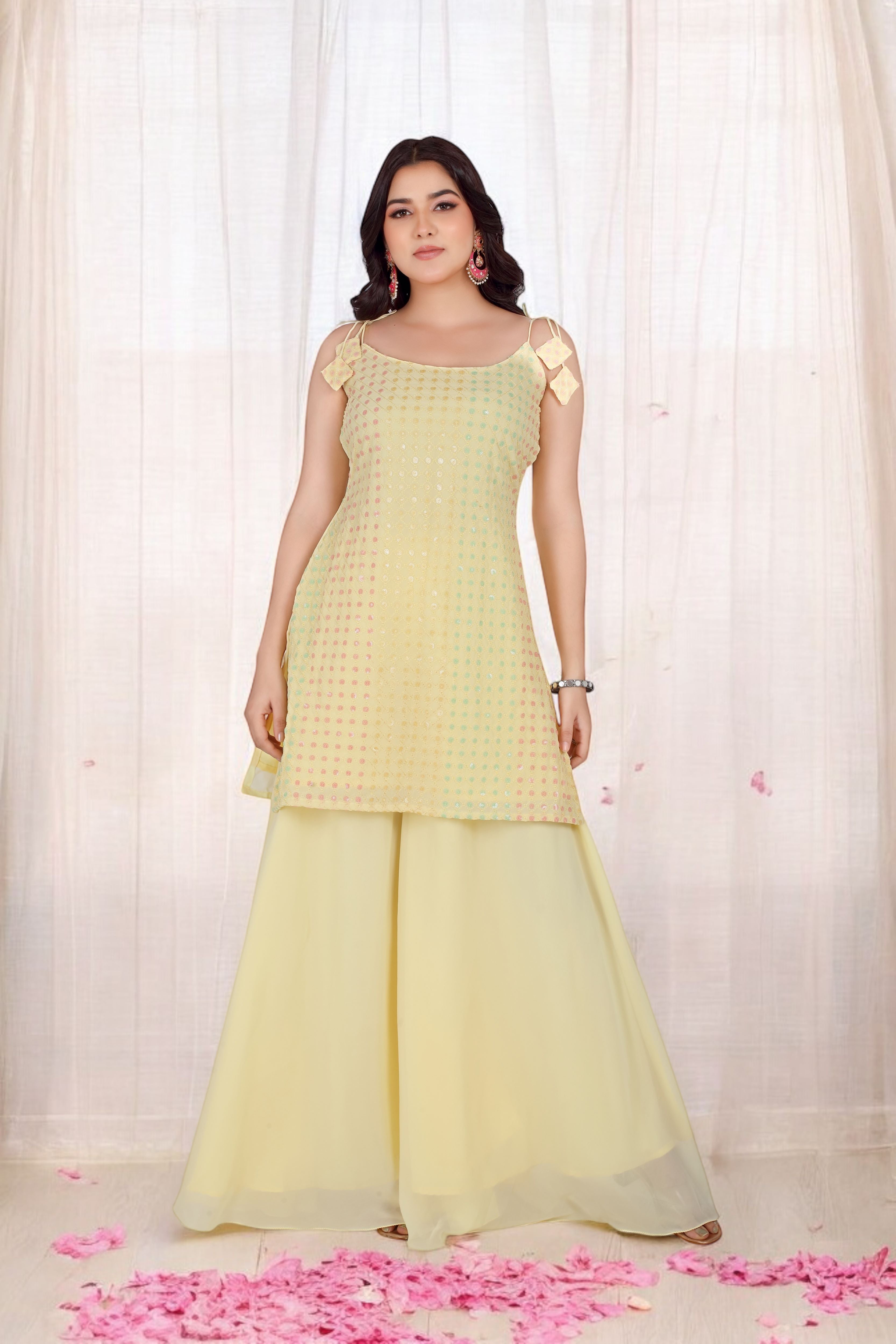 Yellow Kurta Set With Pastel Sequins