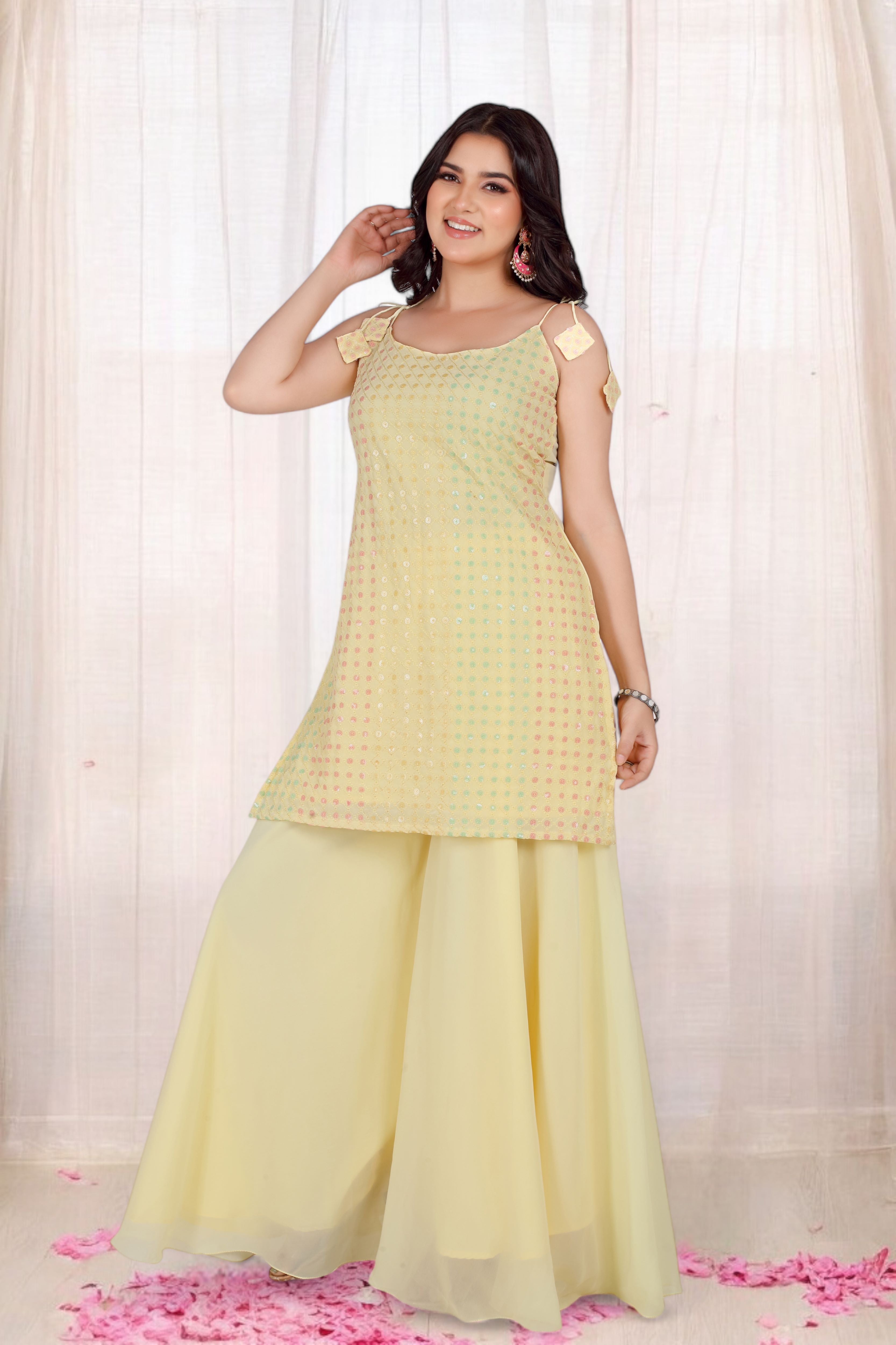 Yellow Kurta Set With Pastel Sequins