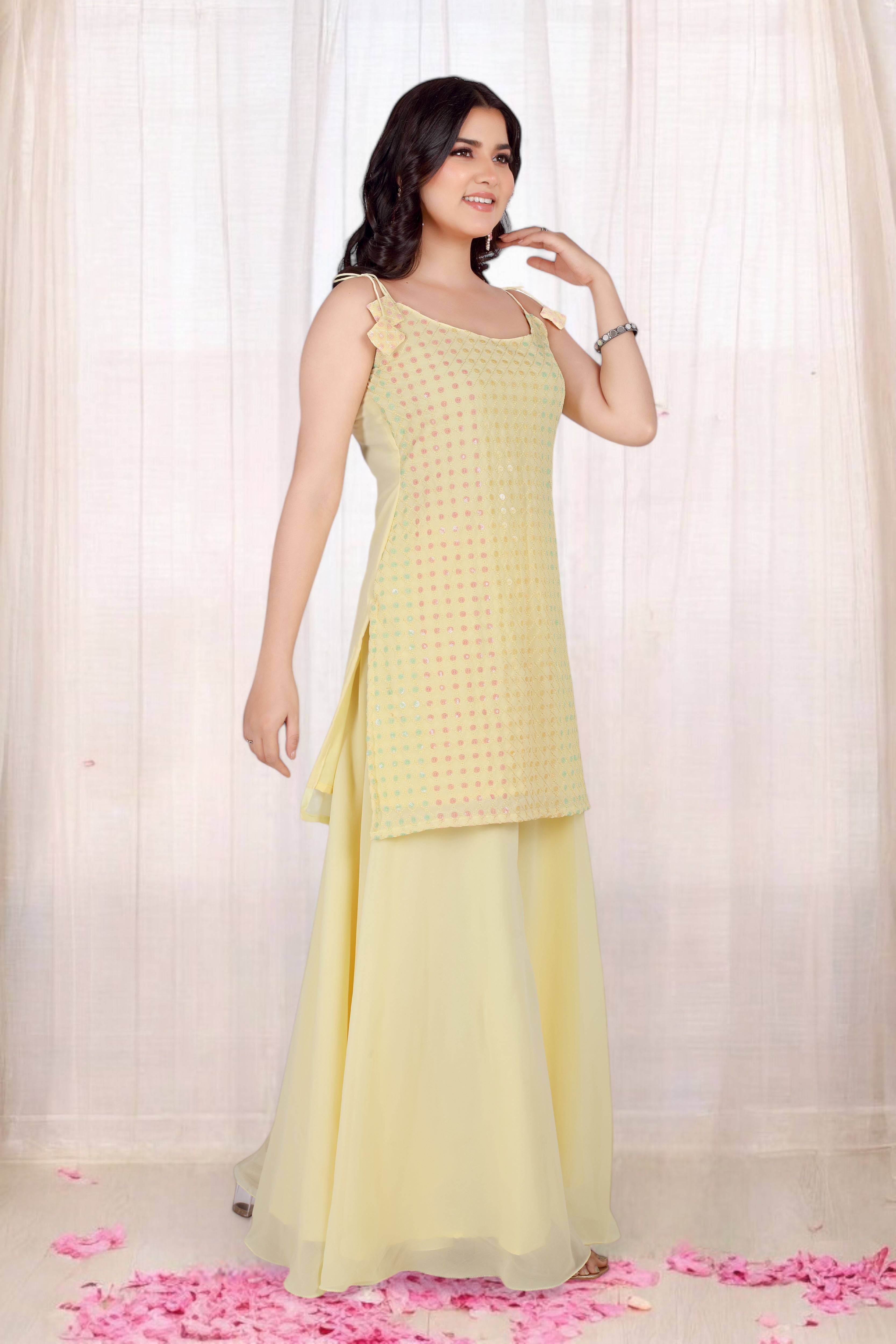 Yellow Kurta Set With Pastel Sequins