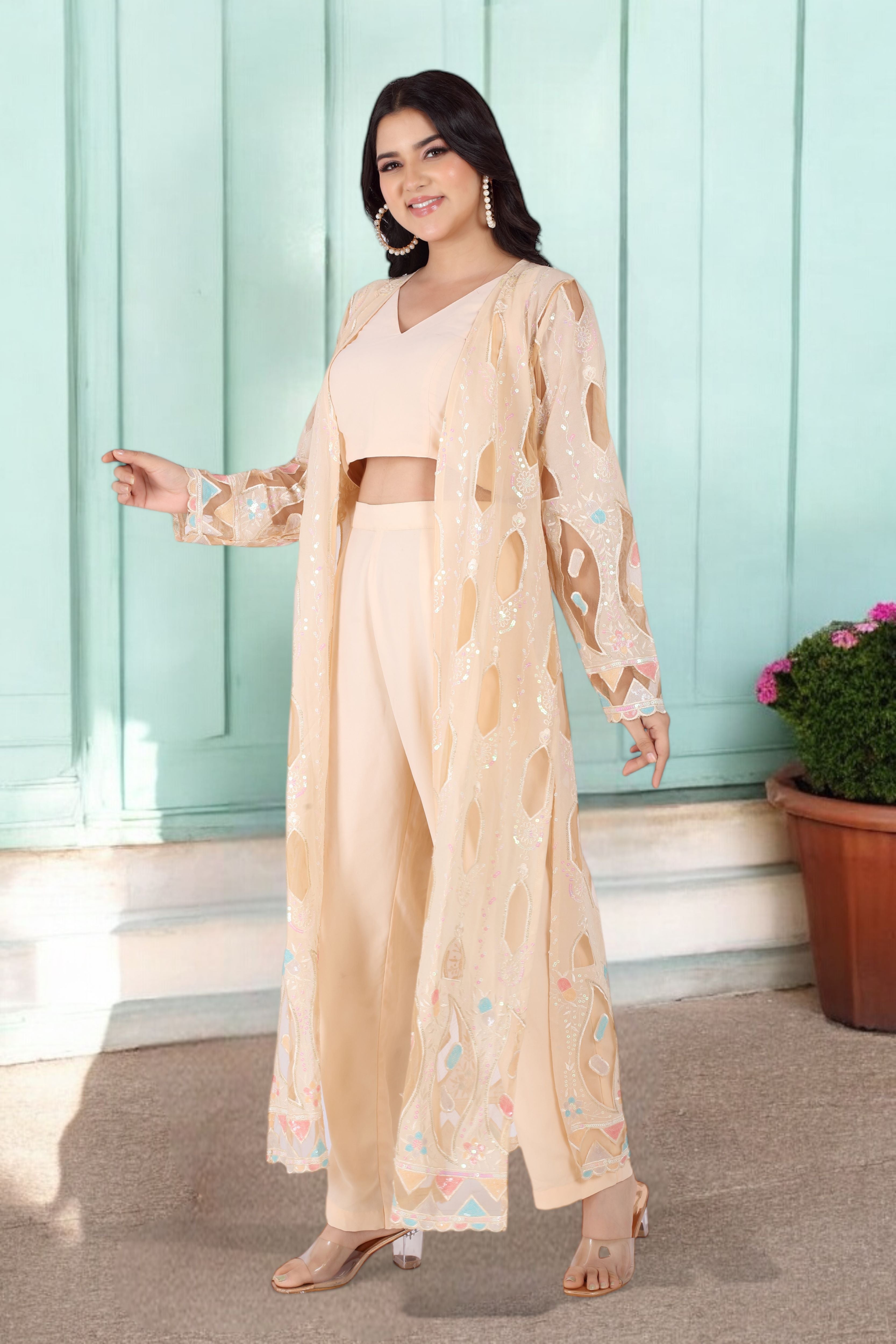 Beige Cape Jacket With Blouse And Pants Set