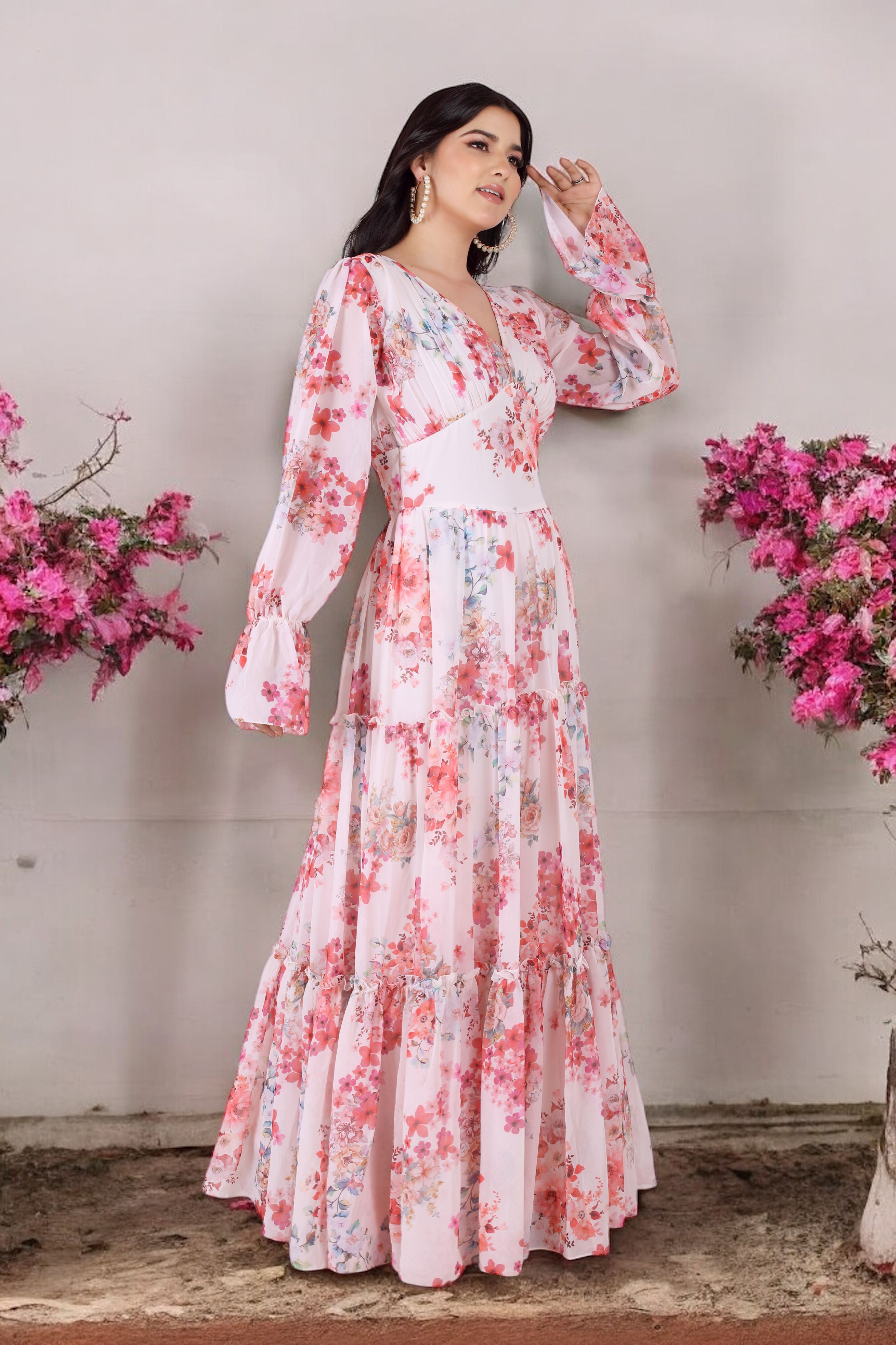 Floral Printed Gown With Long Sleeves