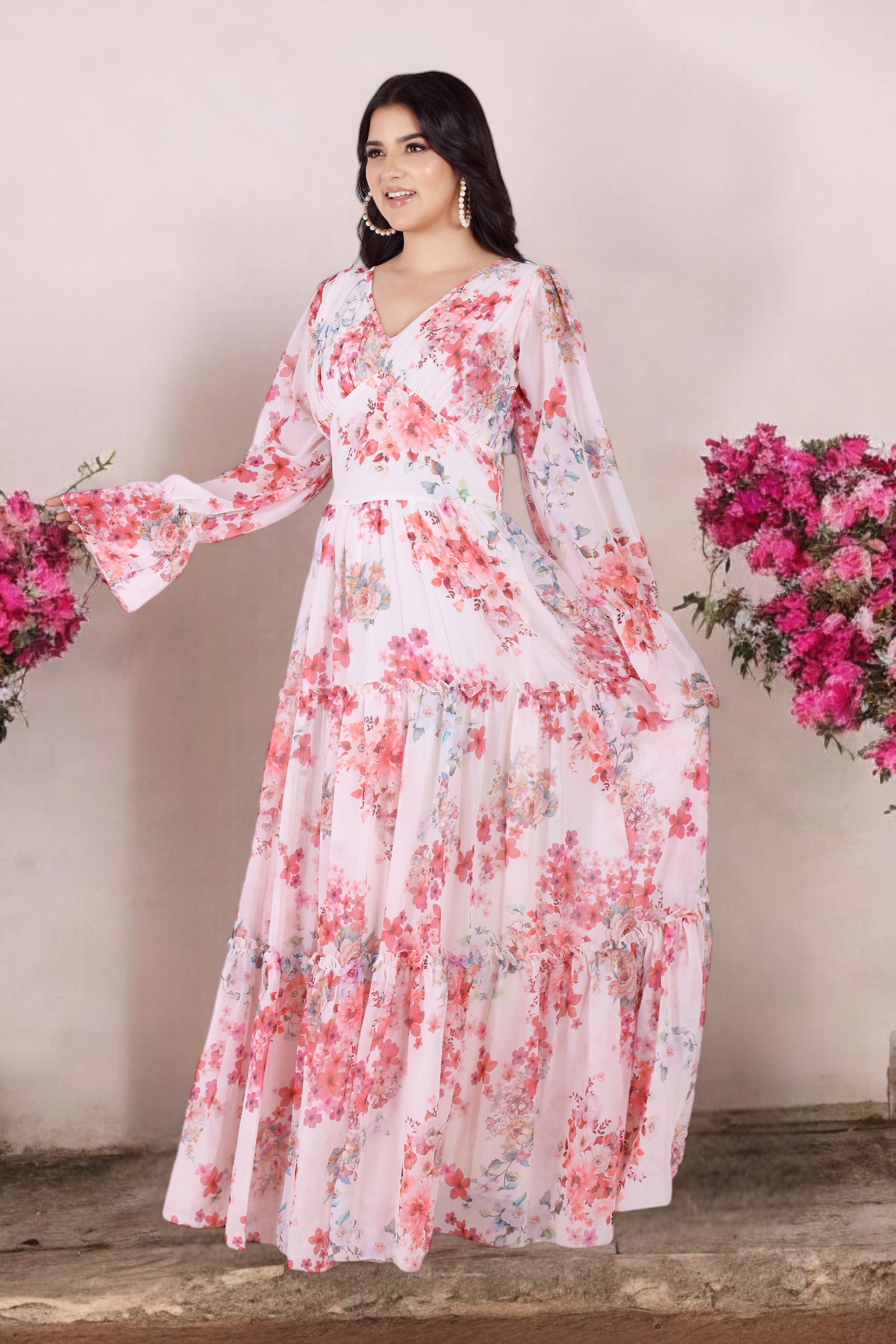 Floral Printed Gown With Long Sleeves