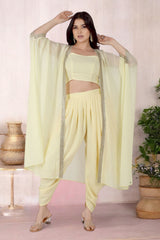 Yellow Dhoti Set With Blouse And Cape Jacket