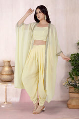 Yellow Dhoti Set With Blouse And Cape Jacket