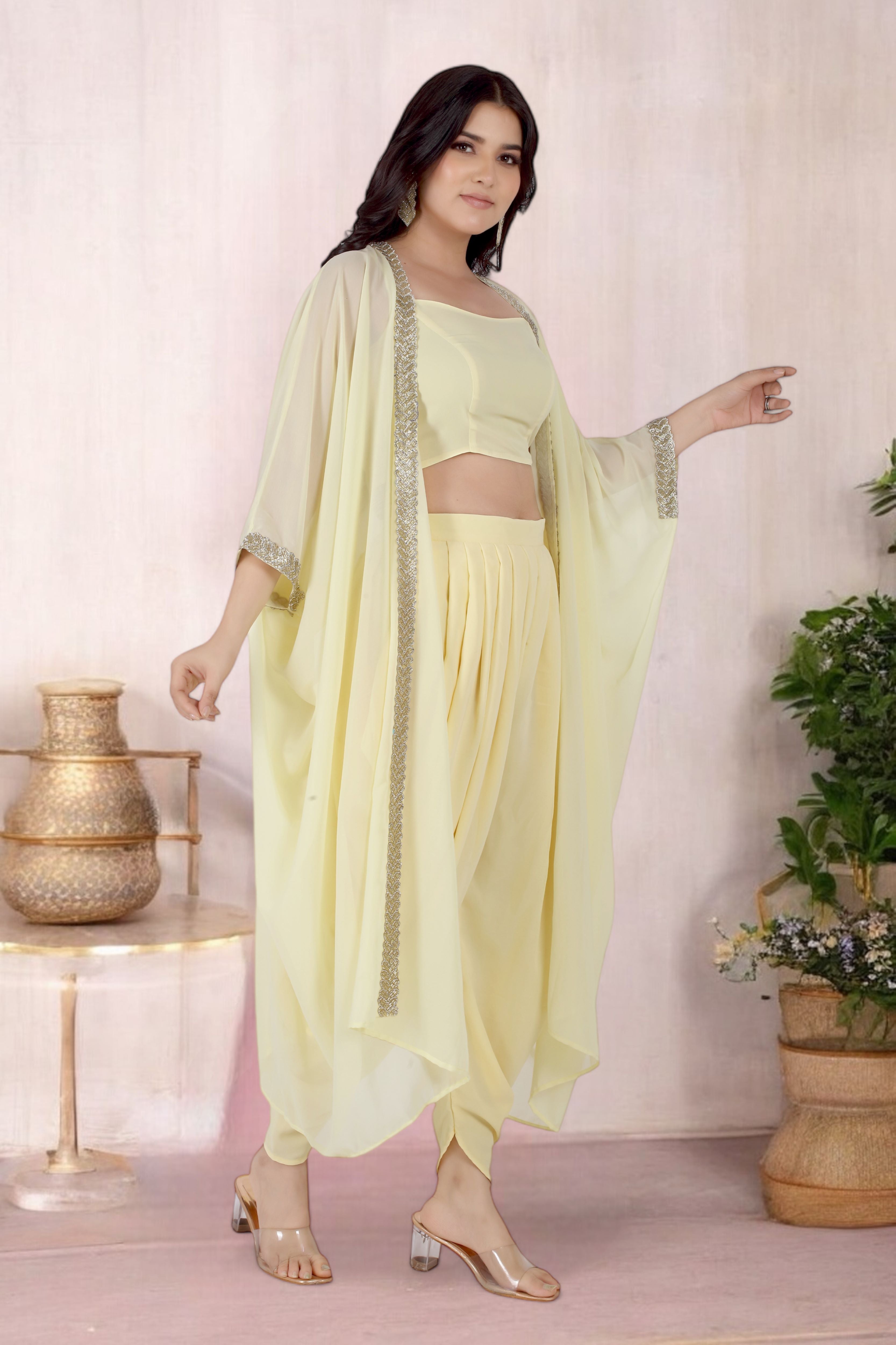 Yellow Dhoti Set With Blouse And Cape Jacket