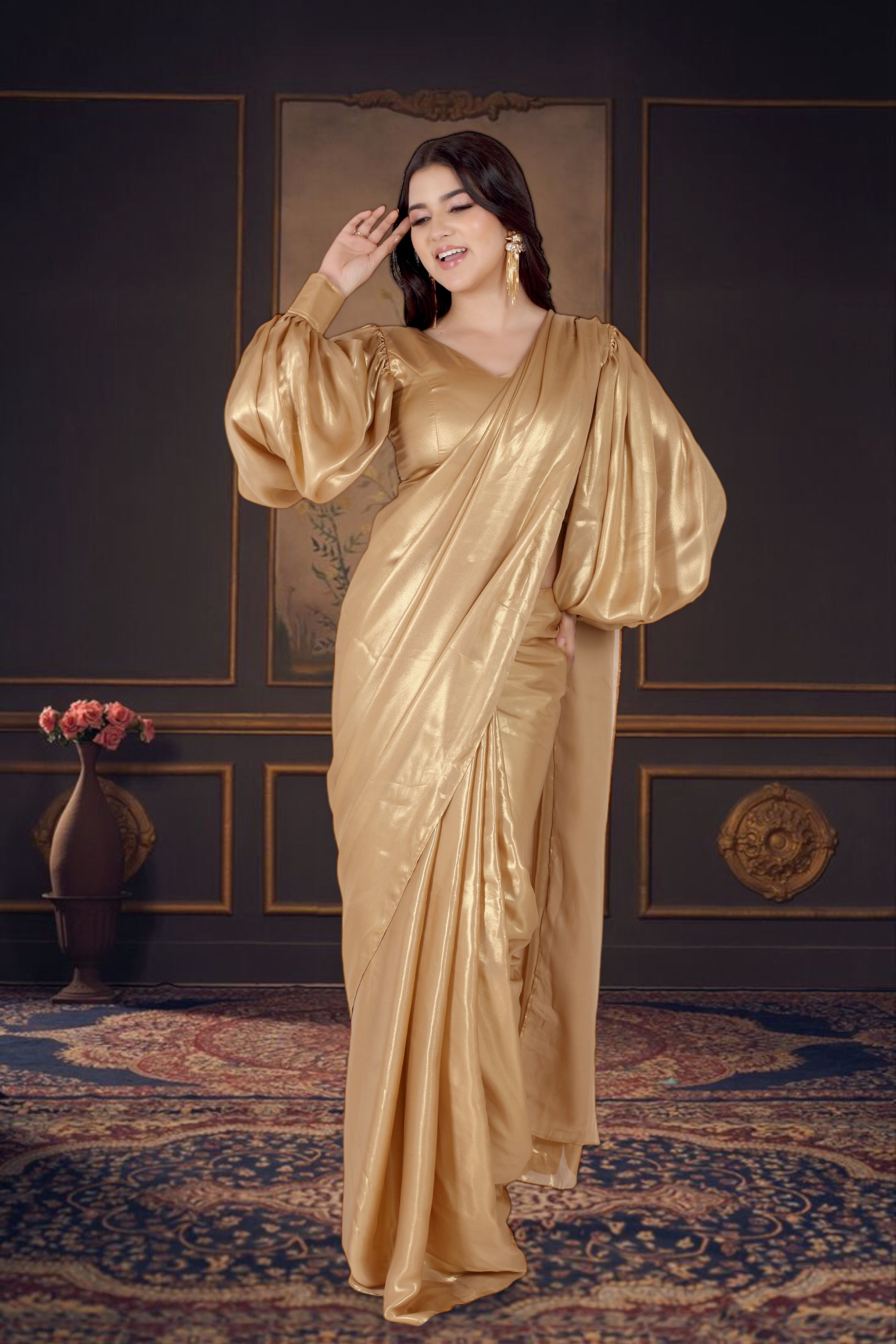 Gold Ready To Wear Saree With Balloon Sleeves Blouse