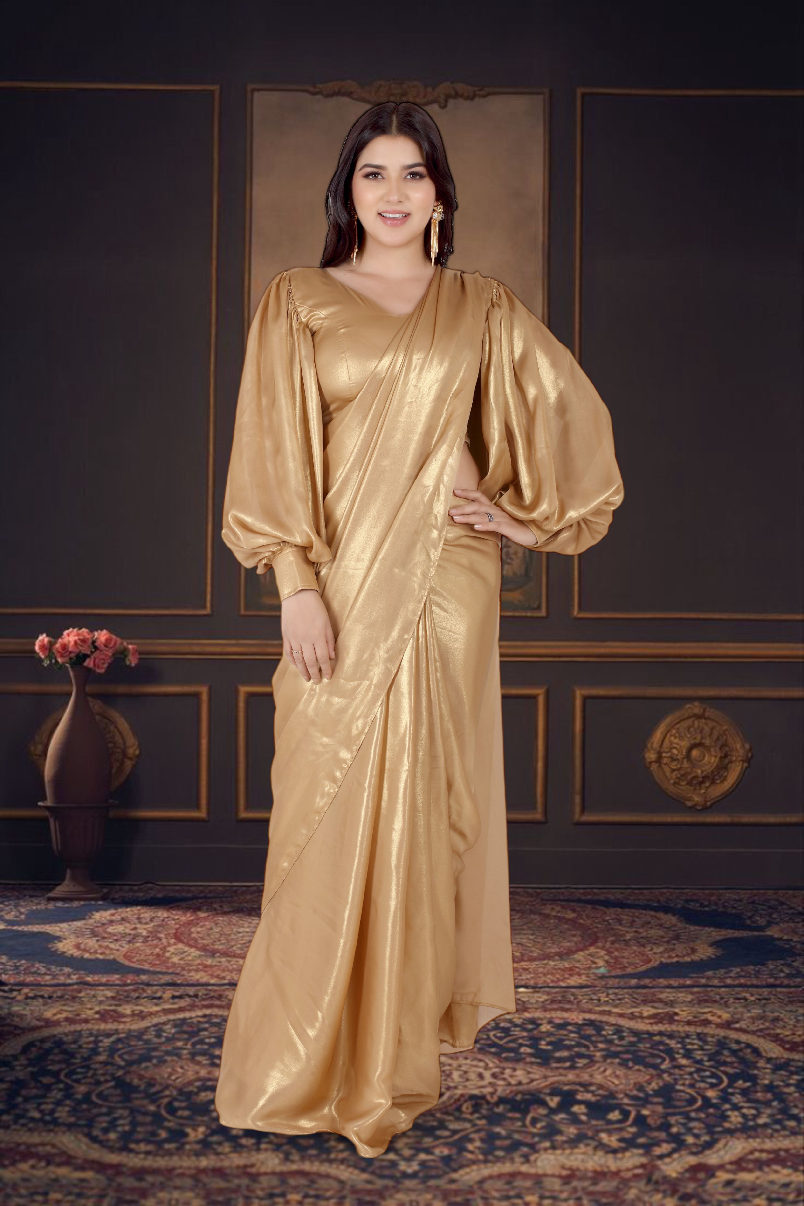 Gold Ready To Wear Saree With Balloon Sleeves Blouse