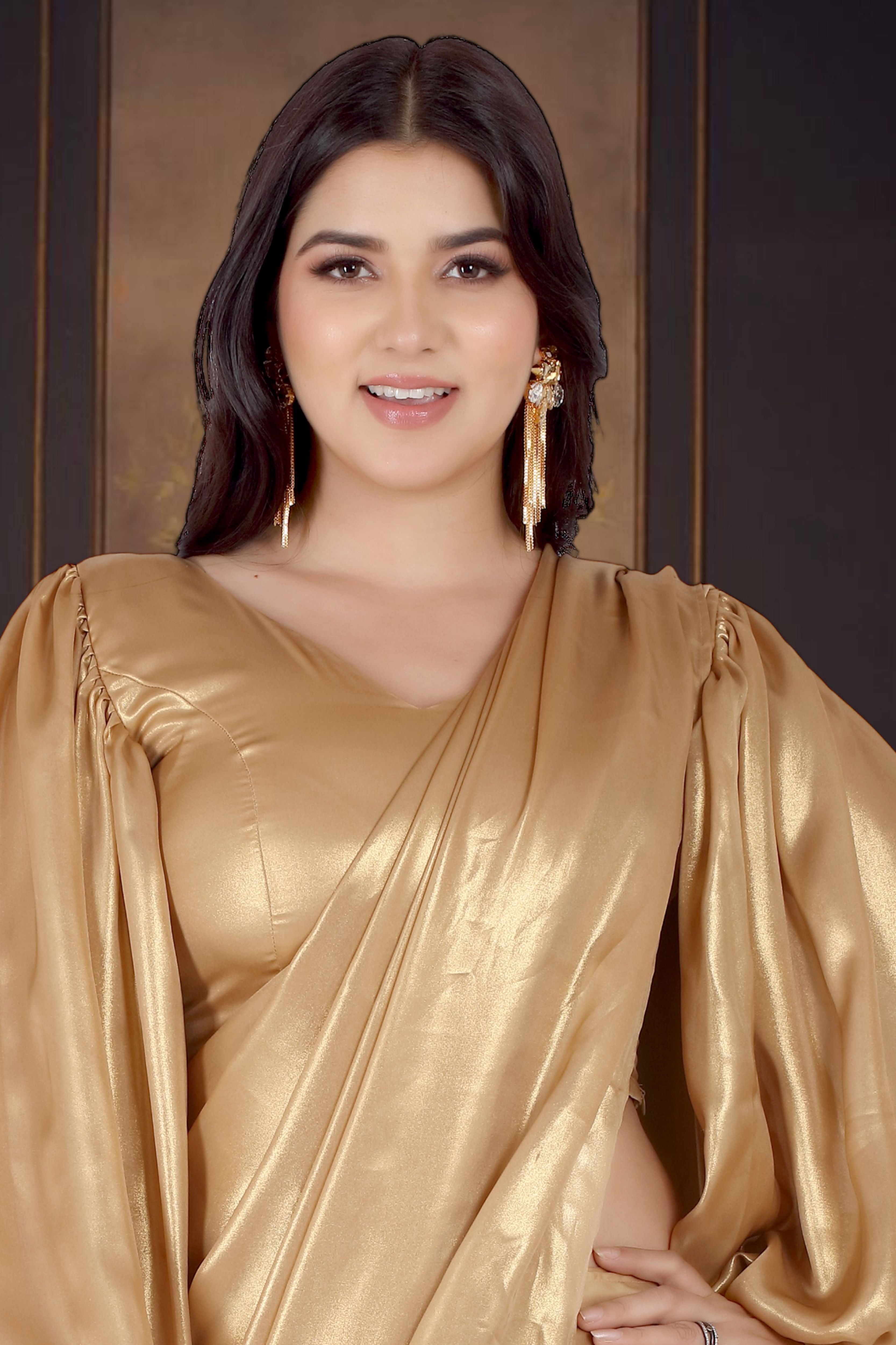 Gold Ready To Wear Saree With Balloon Sleeves Blouse