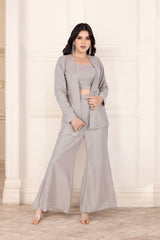 Grey Shimmer Blazer With Palazzos And Blouse Set