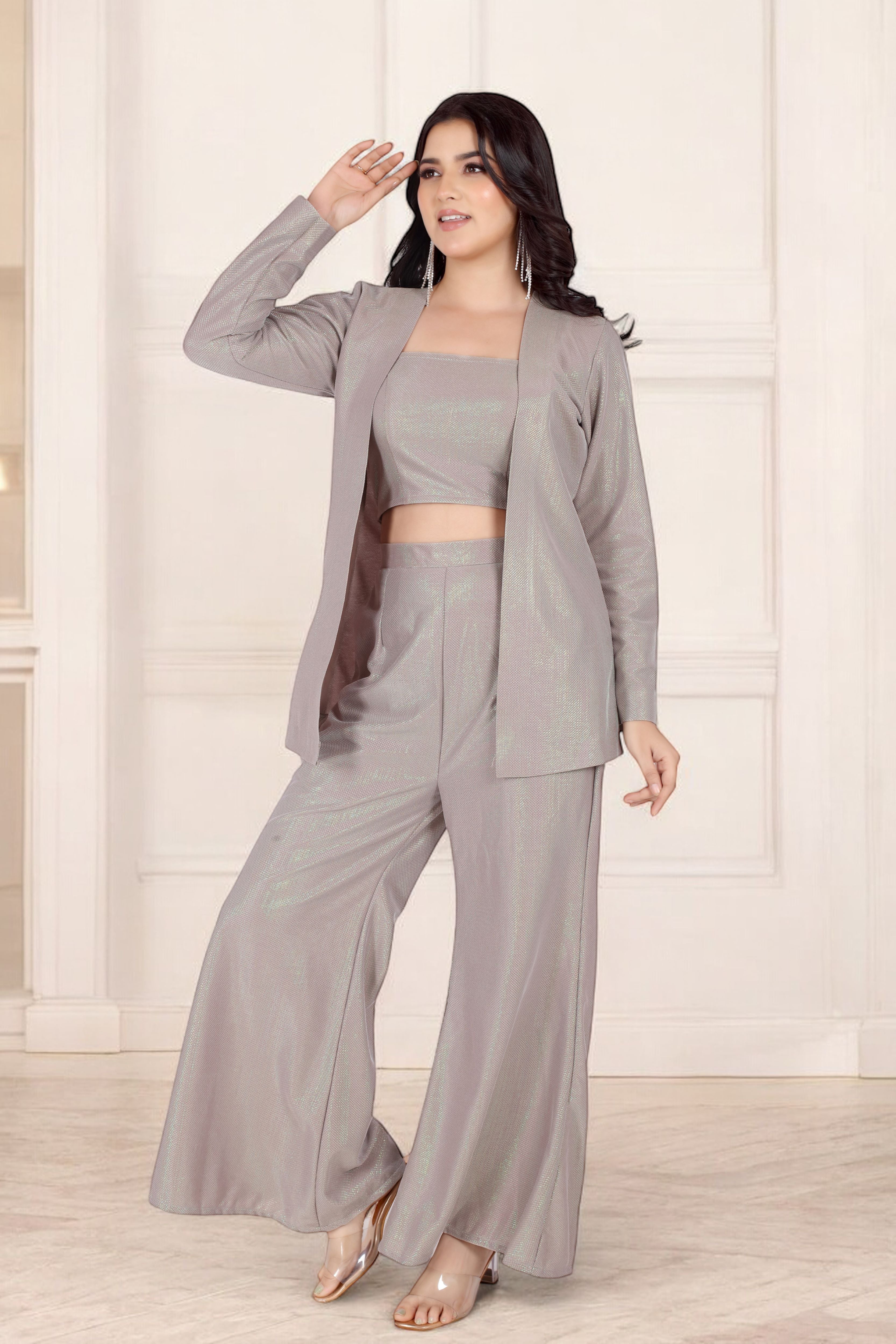 Grey Shimmer Blazer With Palazzos And Blouse Set