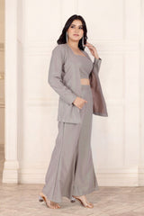 Grey Shimmer Blazer With Palazzos And Blouse Set