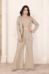 Beige Shimmer Blazer With Palazzos And Blouse Set