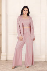 Pink Shimmer Blazer With Palazzos And Blouse Set