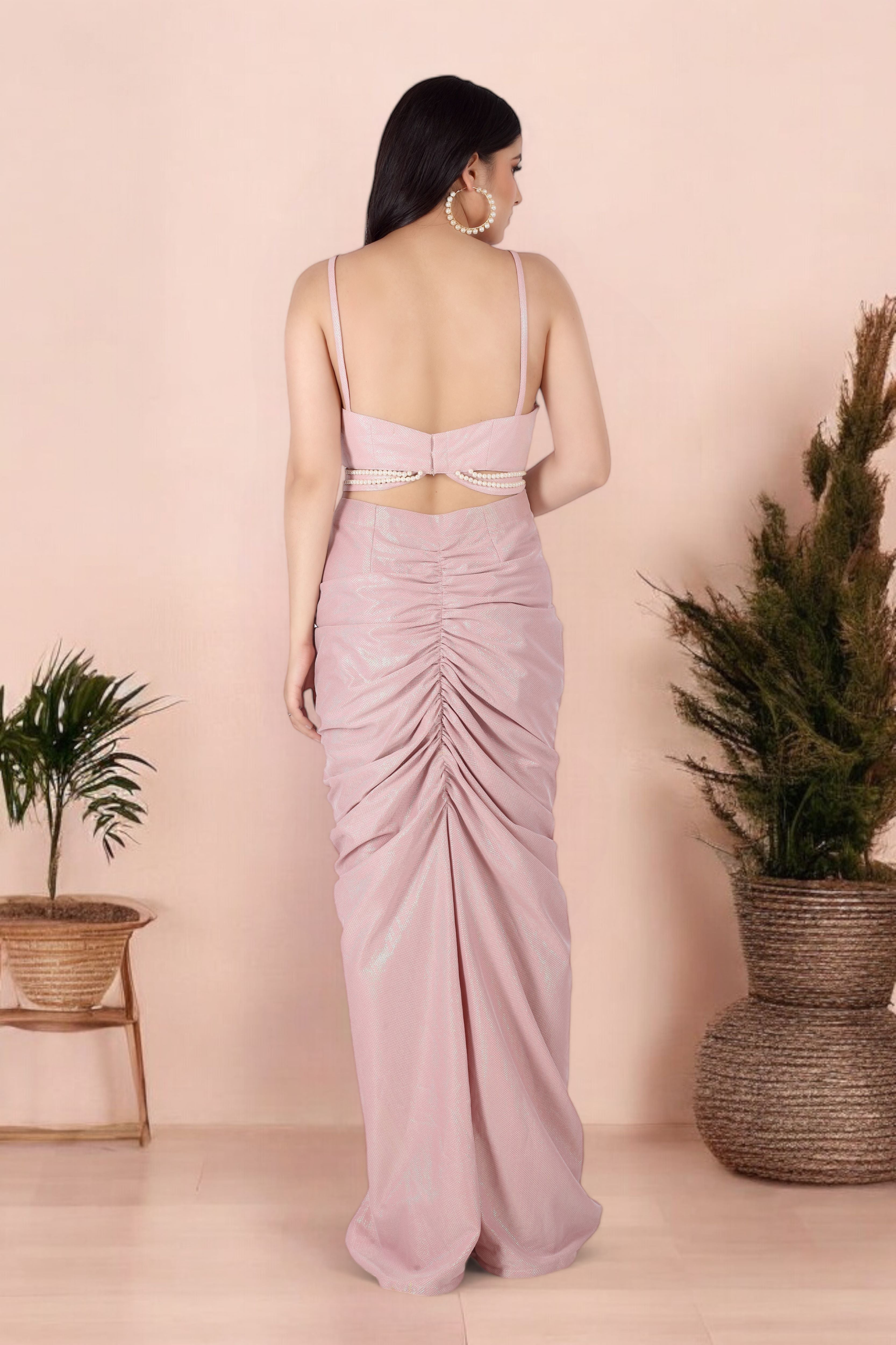 Pink Glam Pre Stitched Slit Saree With Pearl Work