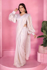 Ivory Ready To Wear Saree With Balloon Sleeves Blouse