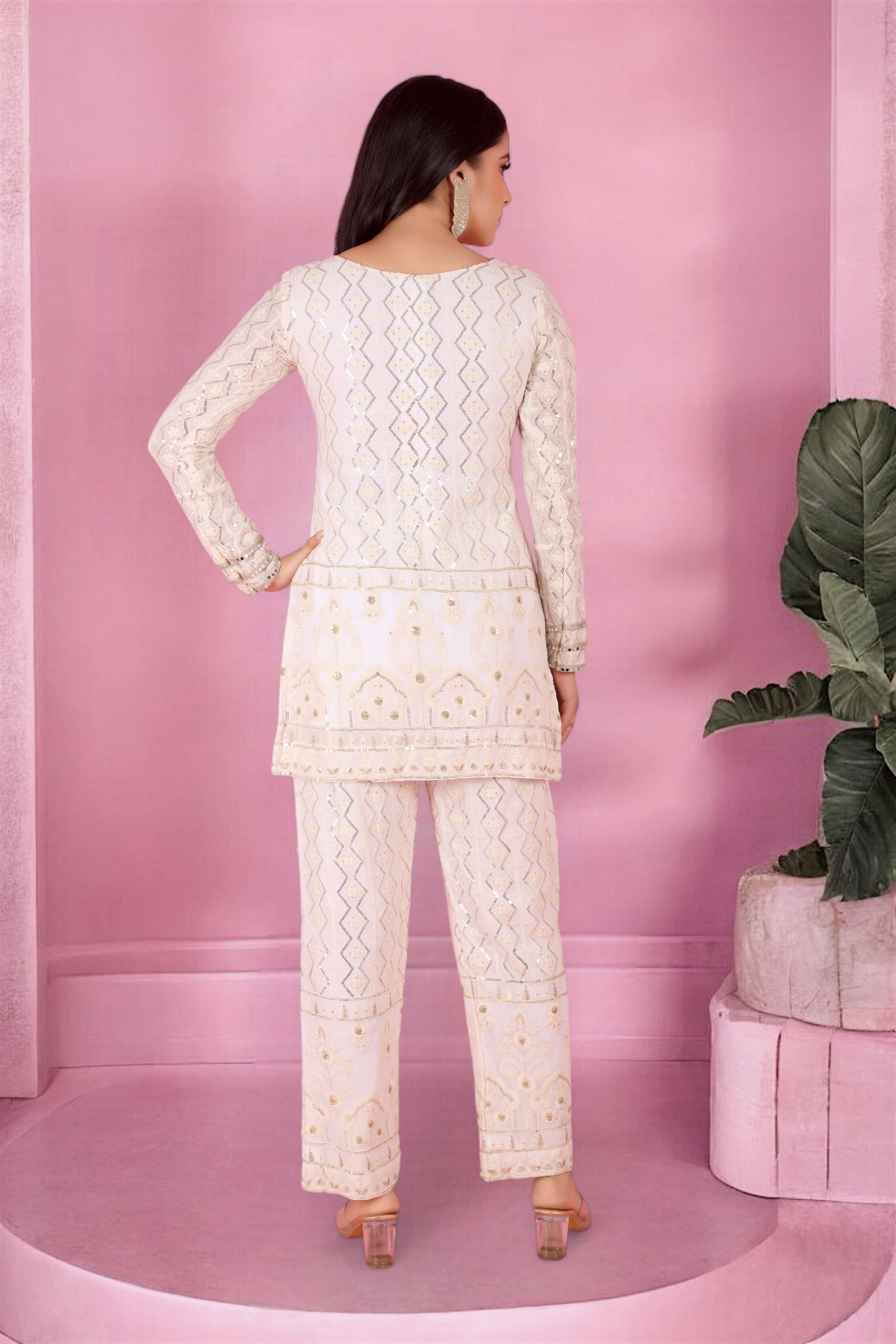 Ivory Chikankari Mirror Work Kurta Set