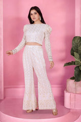 Ivory Chikankari Mirror Work Puff Sleeve Co-ord Set