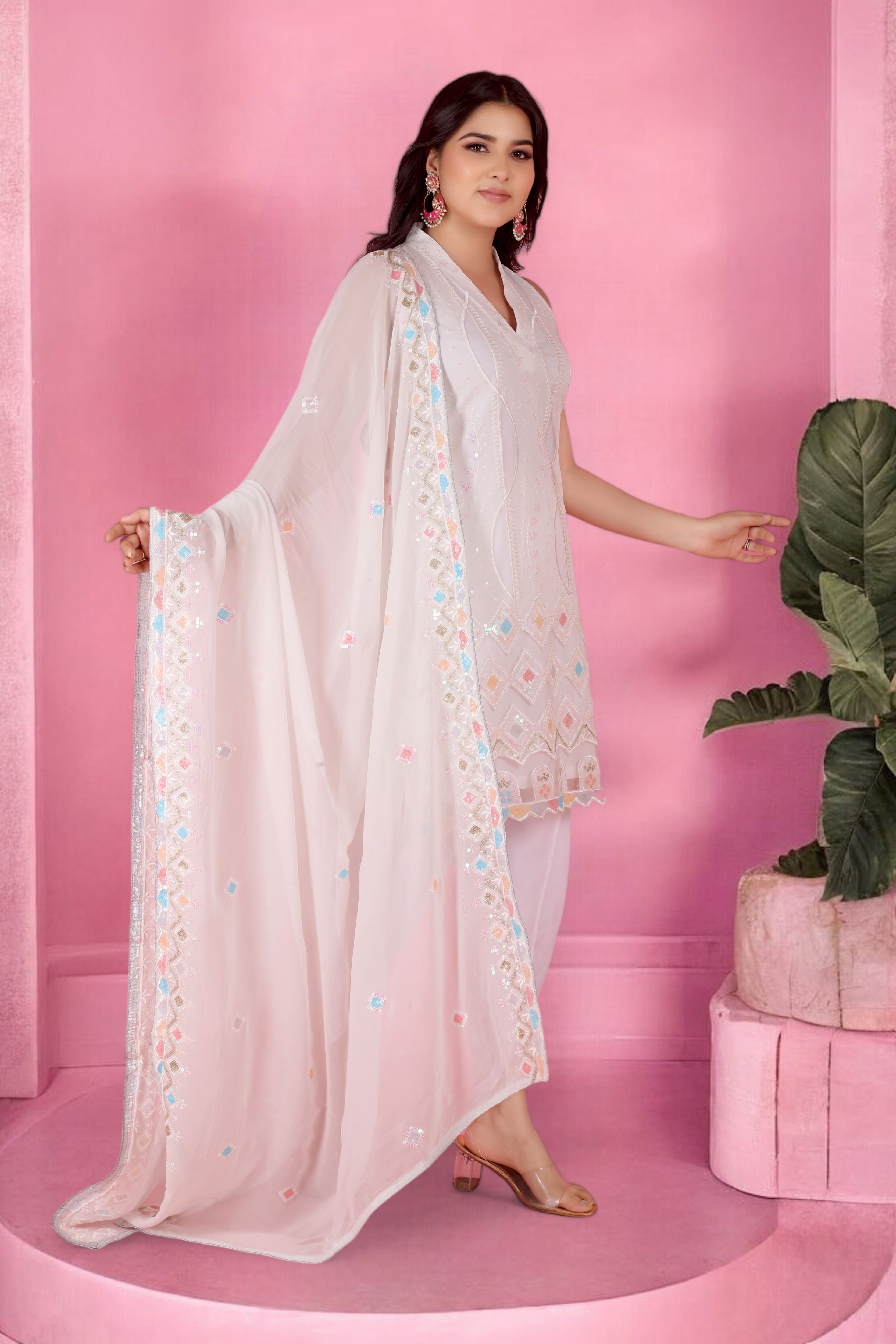 White Tulip Pant Kurta Set With Dupatta