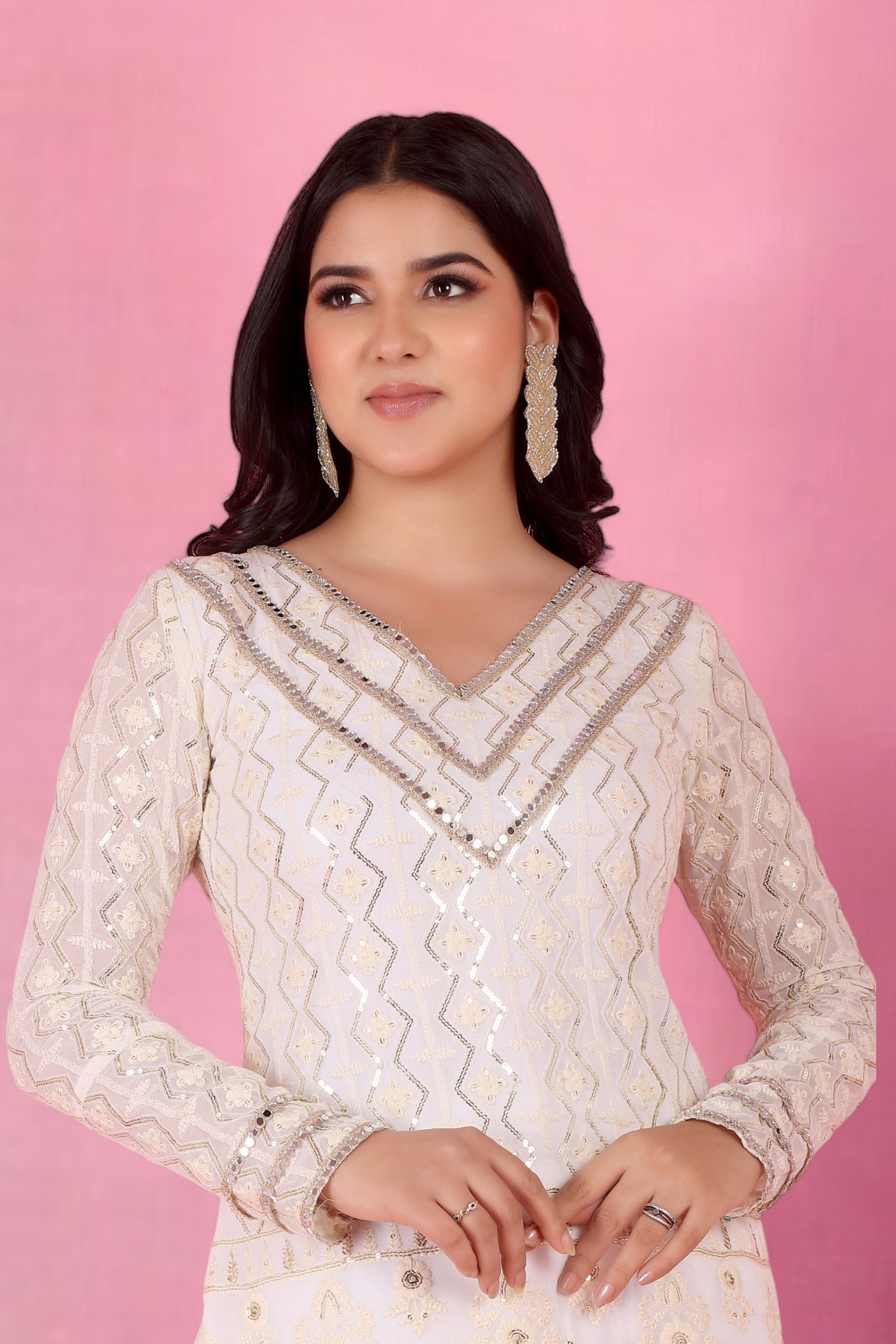 Ivory Chikankari Mirror Work Kurta Set