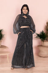 Black Glam Palazzo Set With Blouse And Sleeves