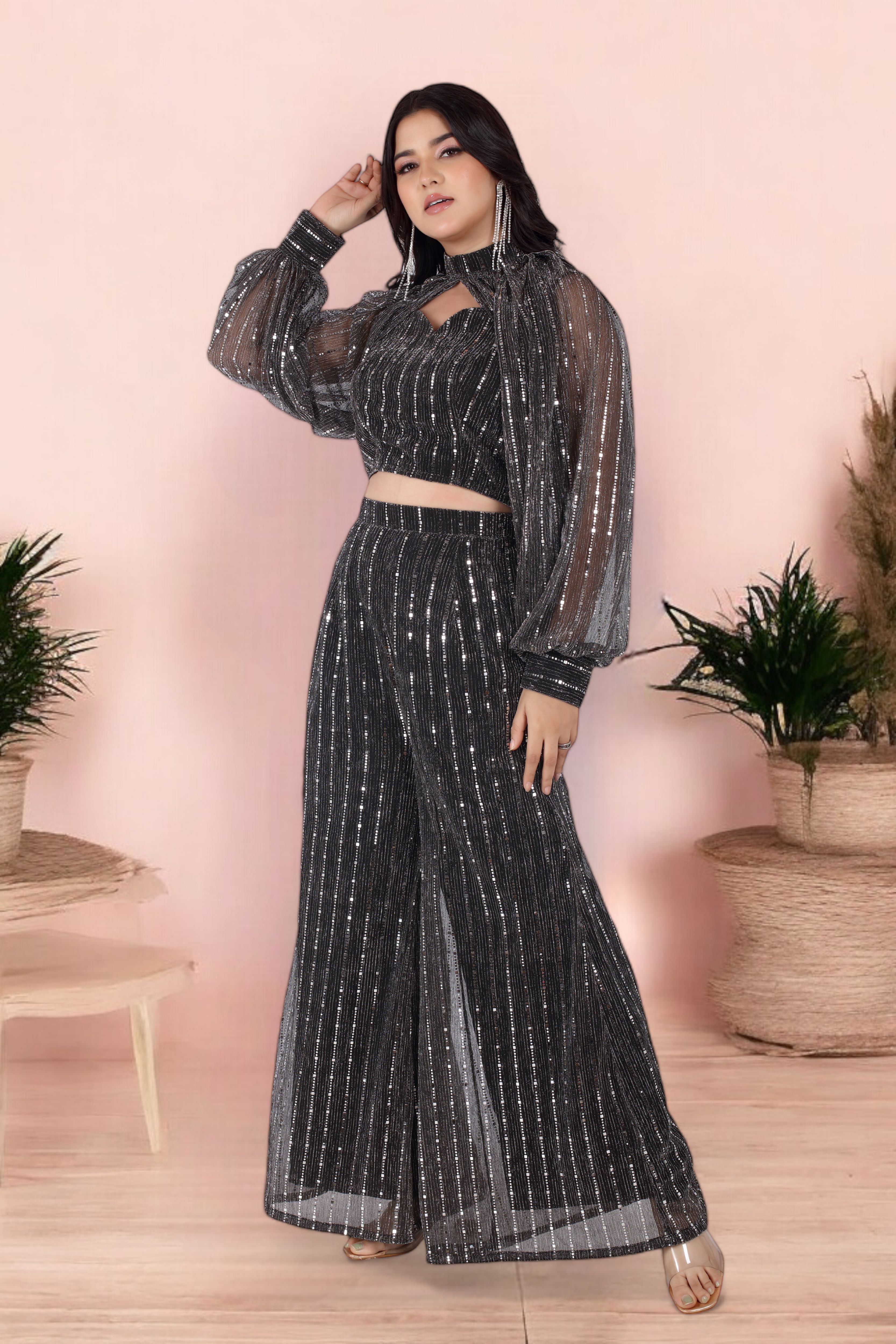 Black Glam Palazzo Set With Blouse And Sleeves