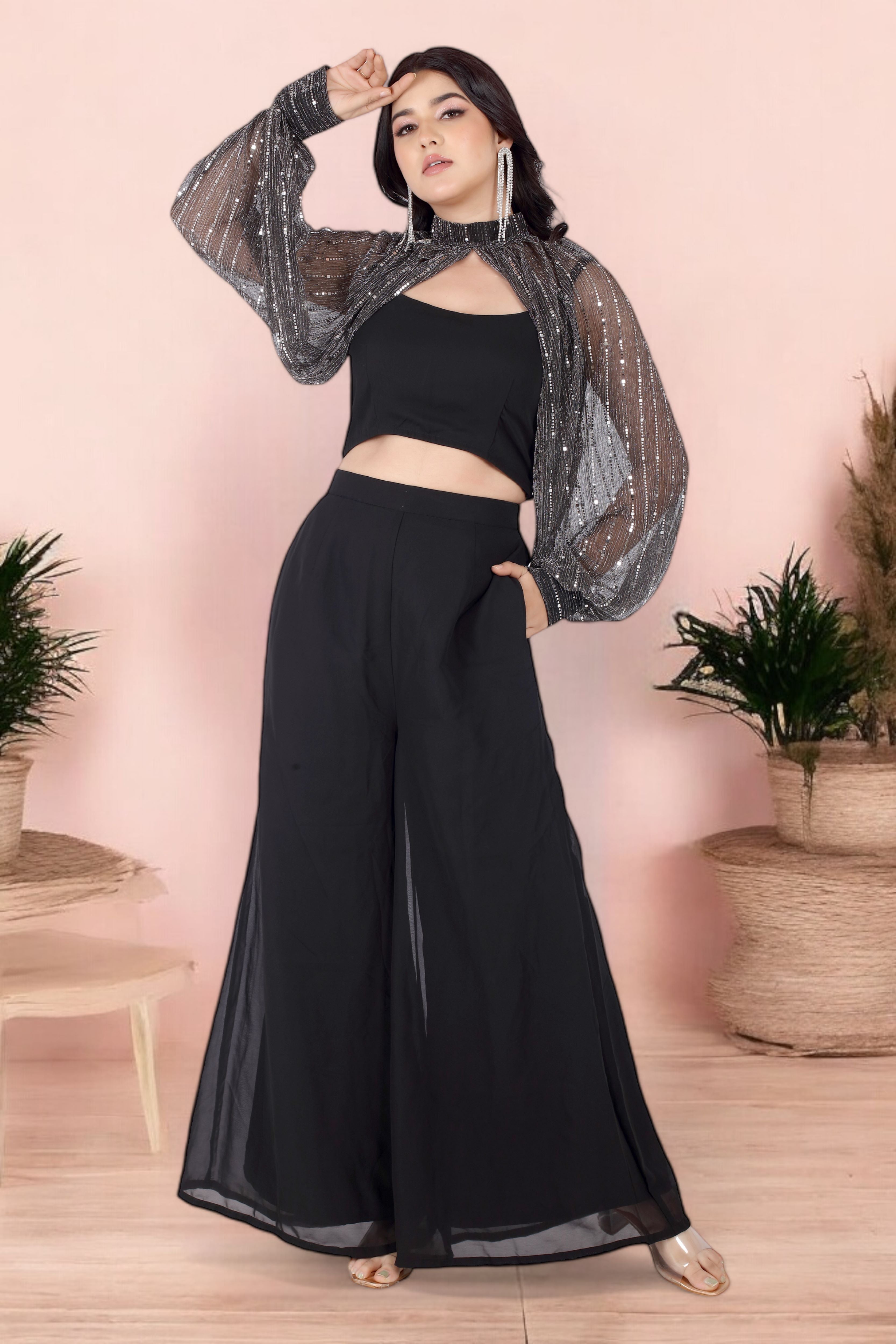 Black Palazzo Set With Blouse And Sleeves