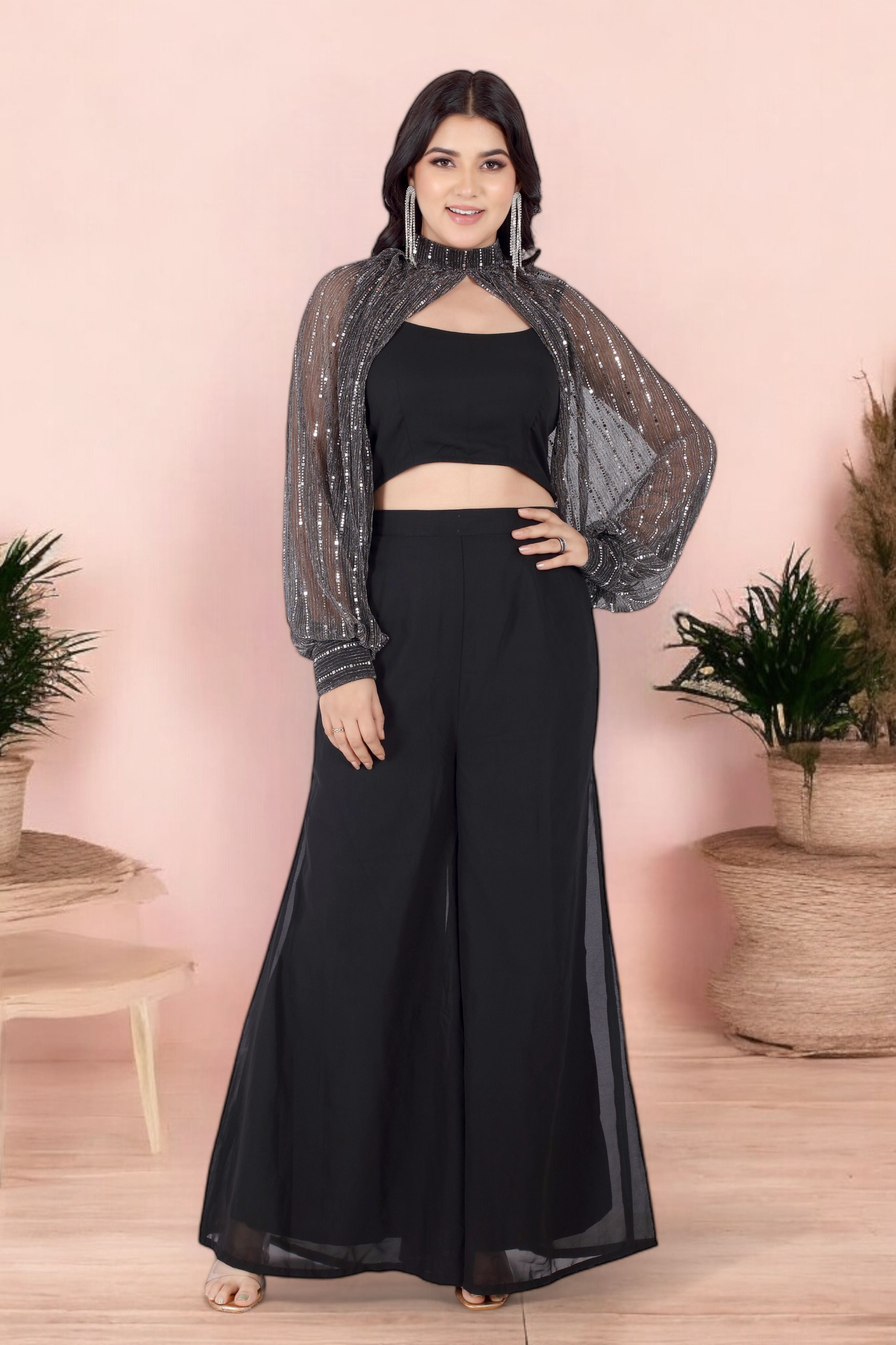 Black Palazzo Set With Blouse And Sleeves