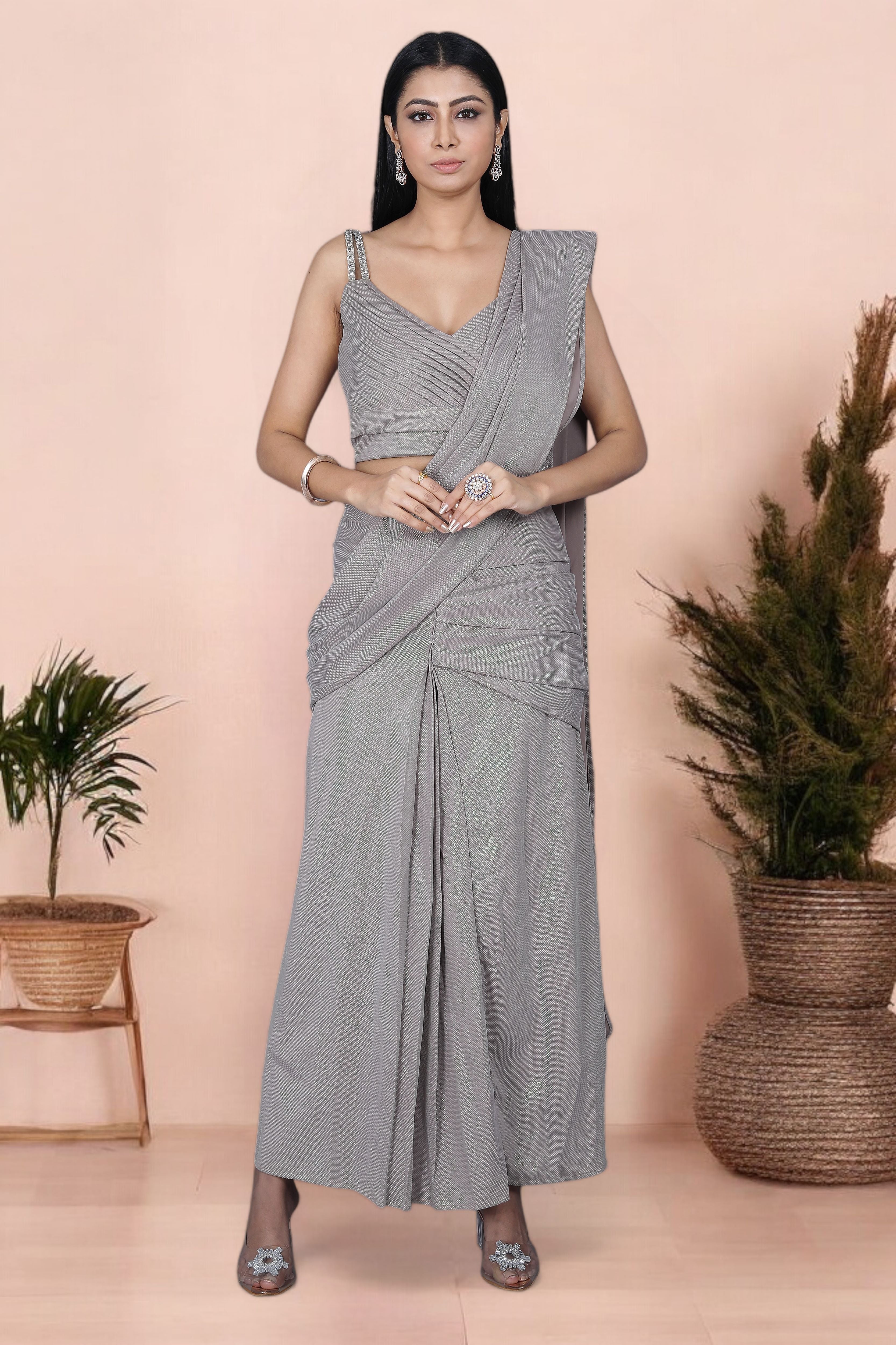 Grey Shimmer Skirt Style Indo Western Saree