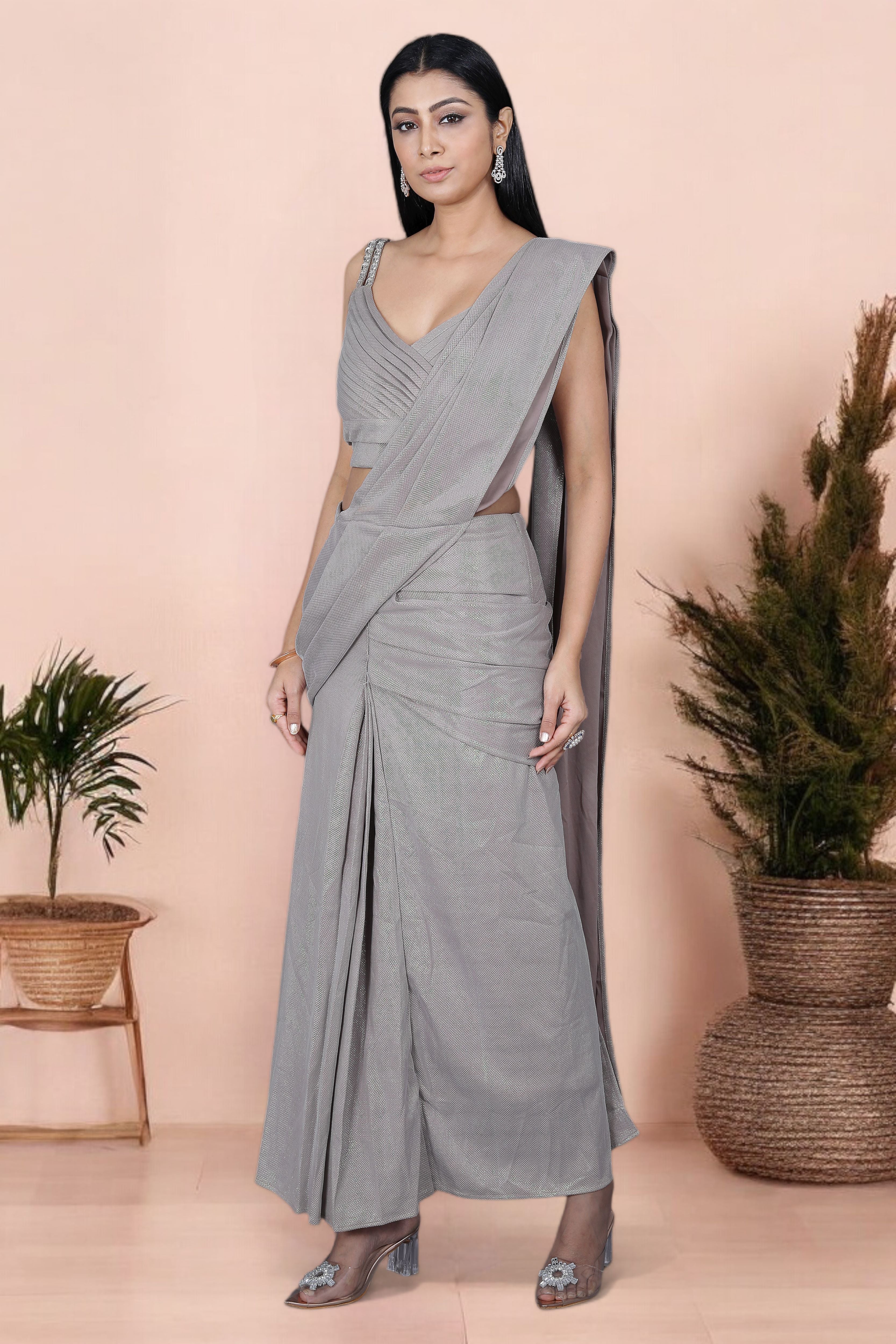 Grey Shimmer Skirt Style Indo Western Saree