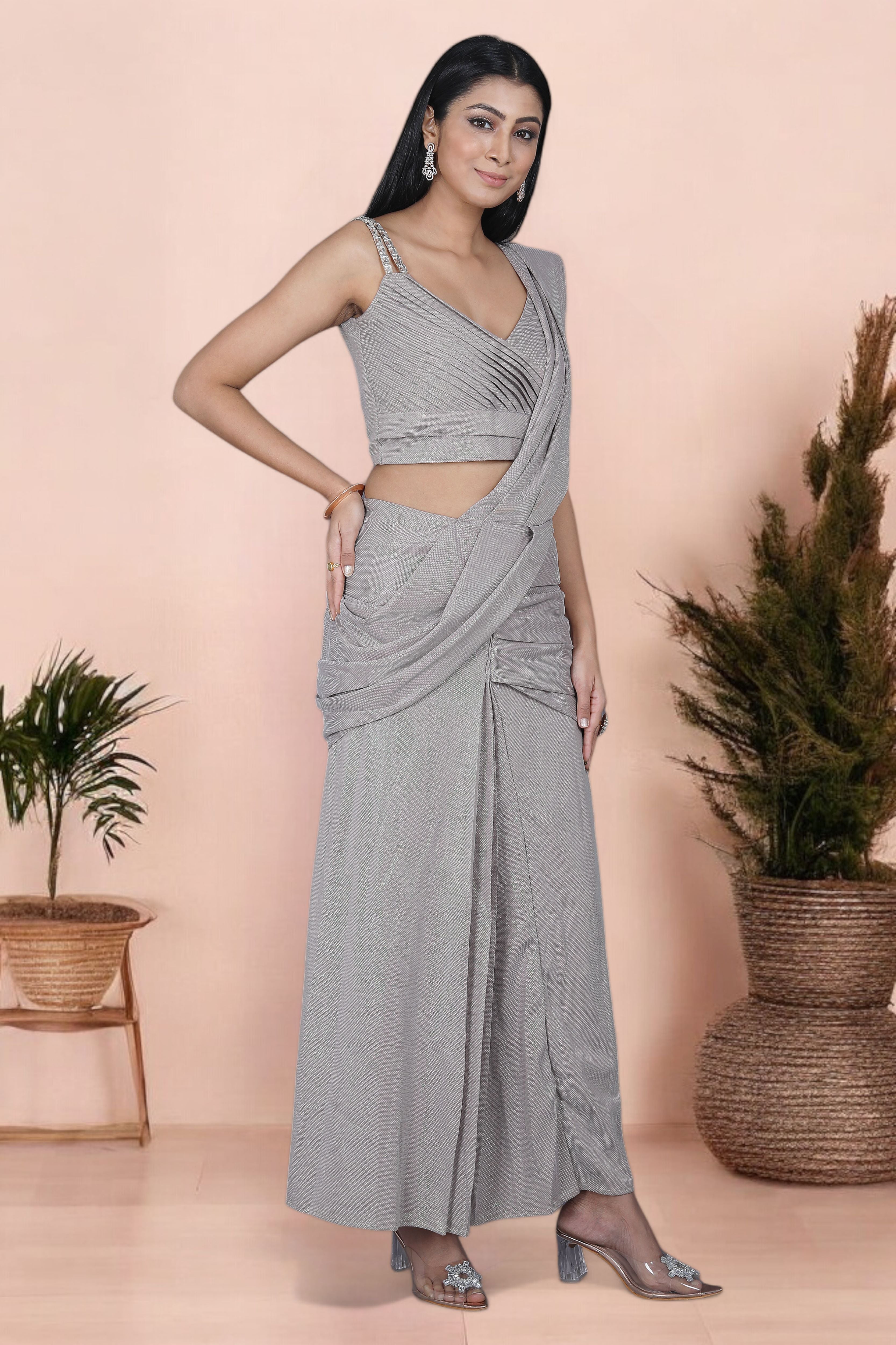 Grey Shimmer Skirt Style Indo Western Saree