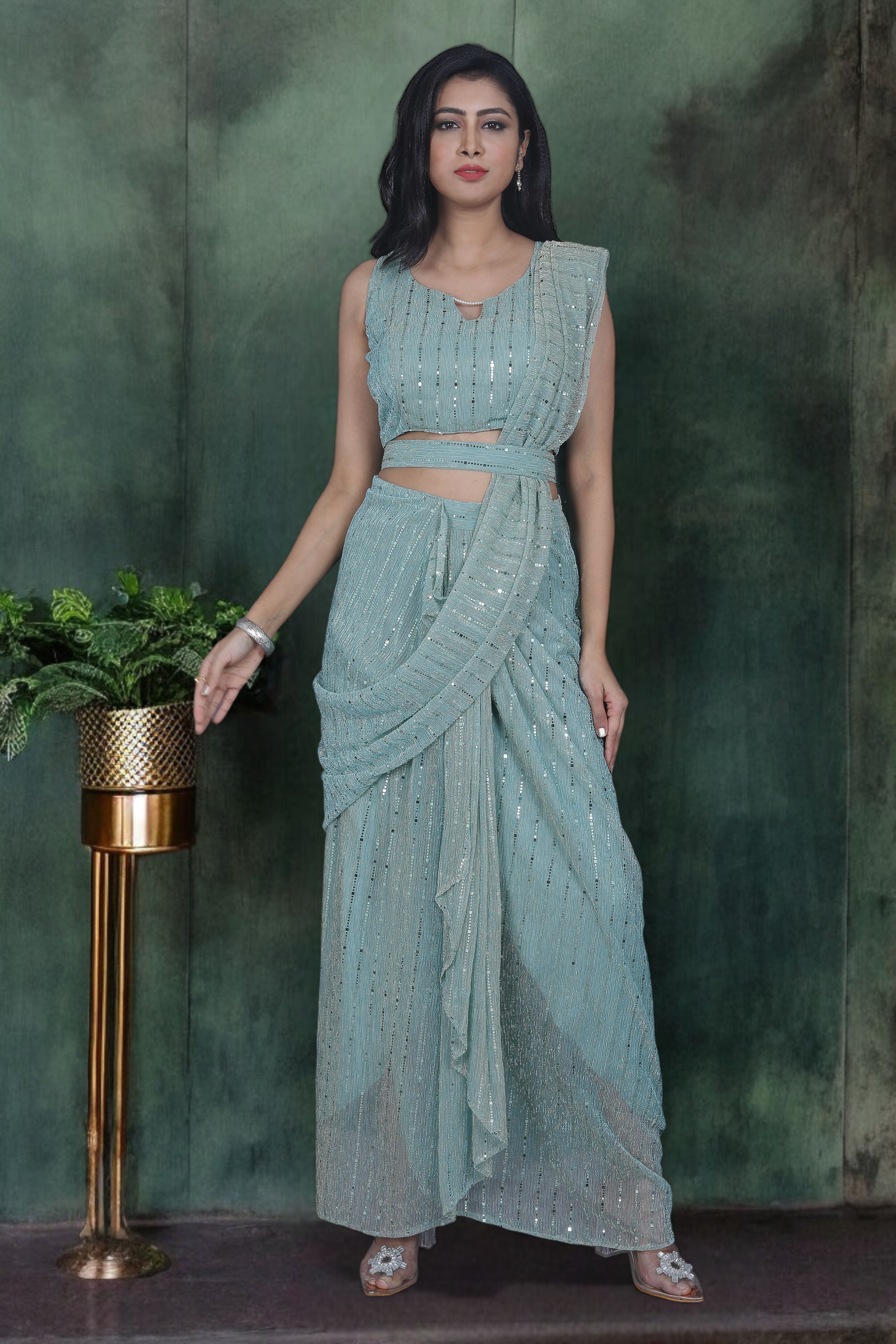 Green Knitted Sequins Skirt Style Indo Western Saree With Belt